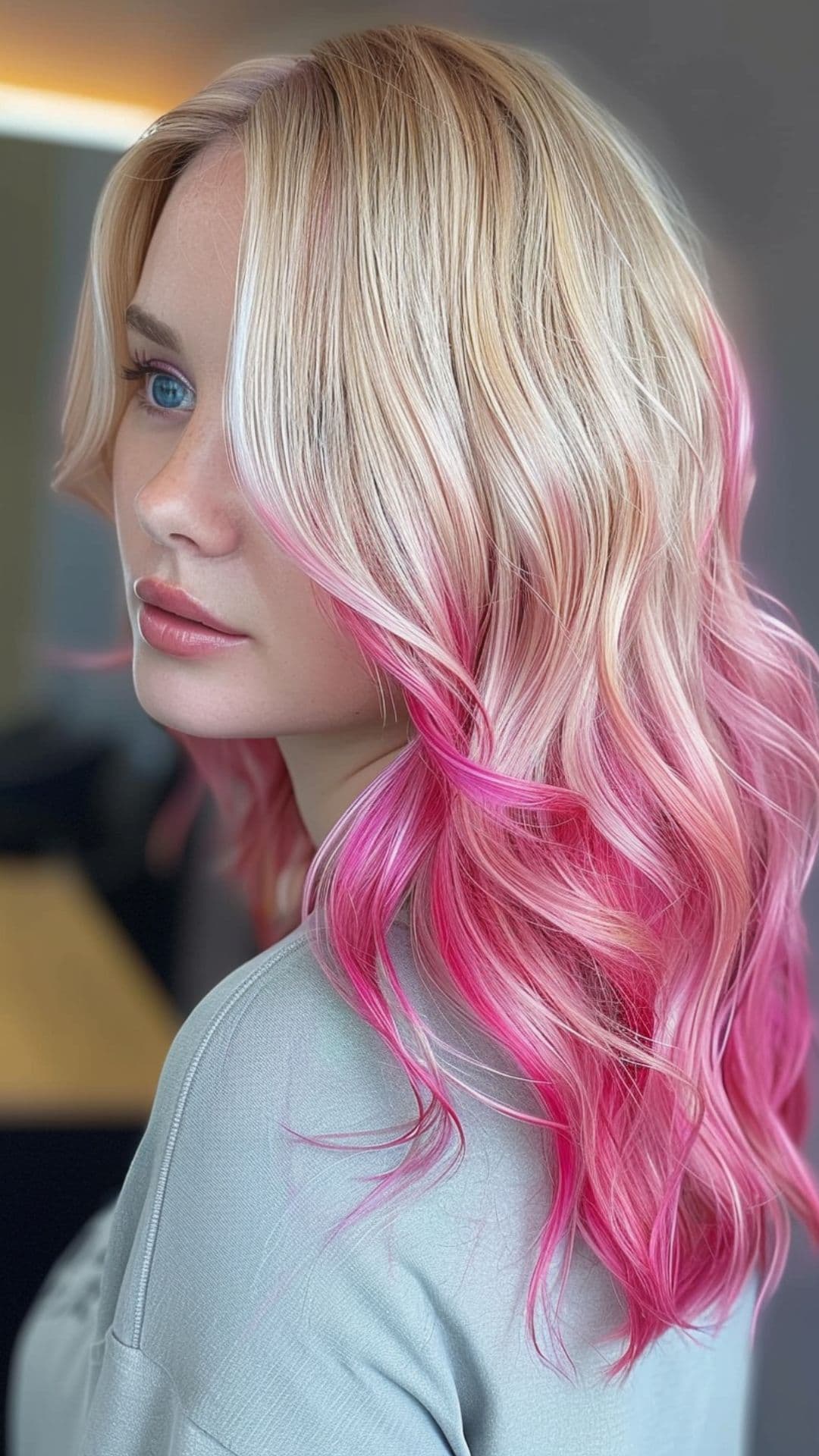 A woman modelling a blonde and pink hair.