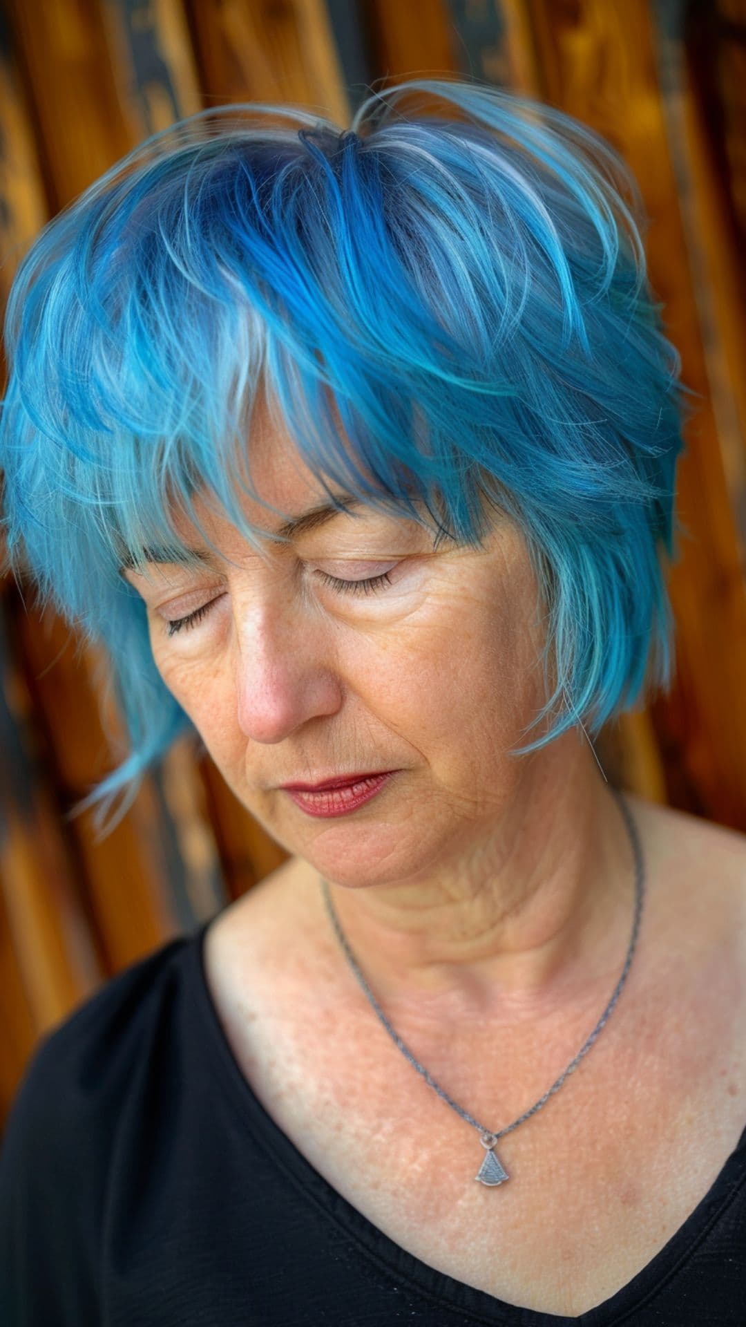 An old woman modelling a blue ocean hair color on pixie bob cut.