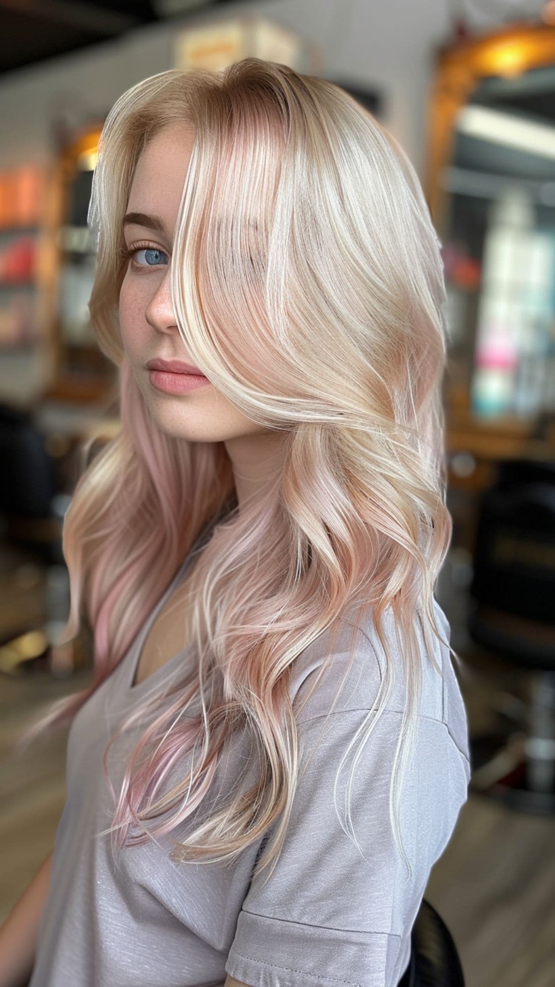 A young woman modelling a blush blonde hair.