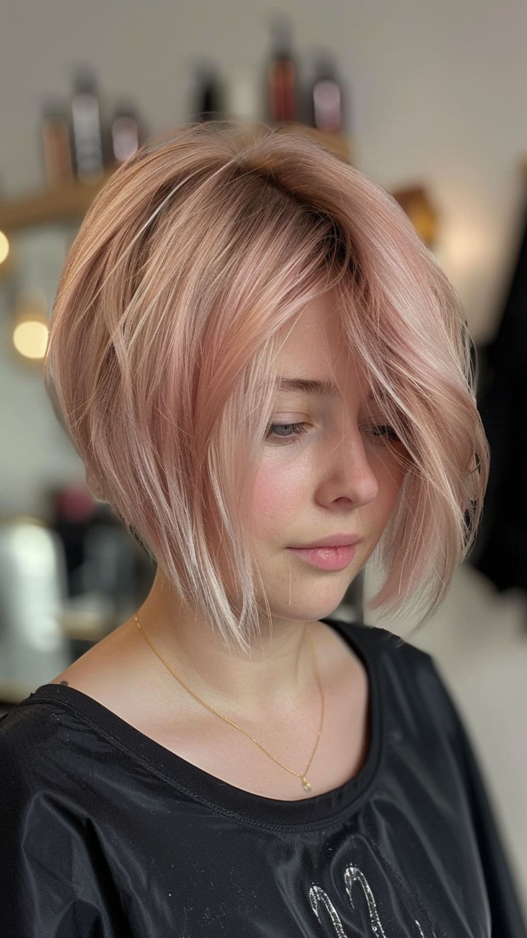 A woman modelling a short blush pink hair.