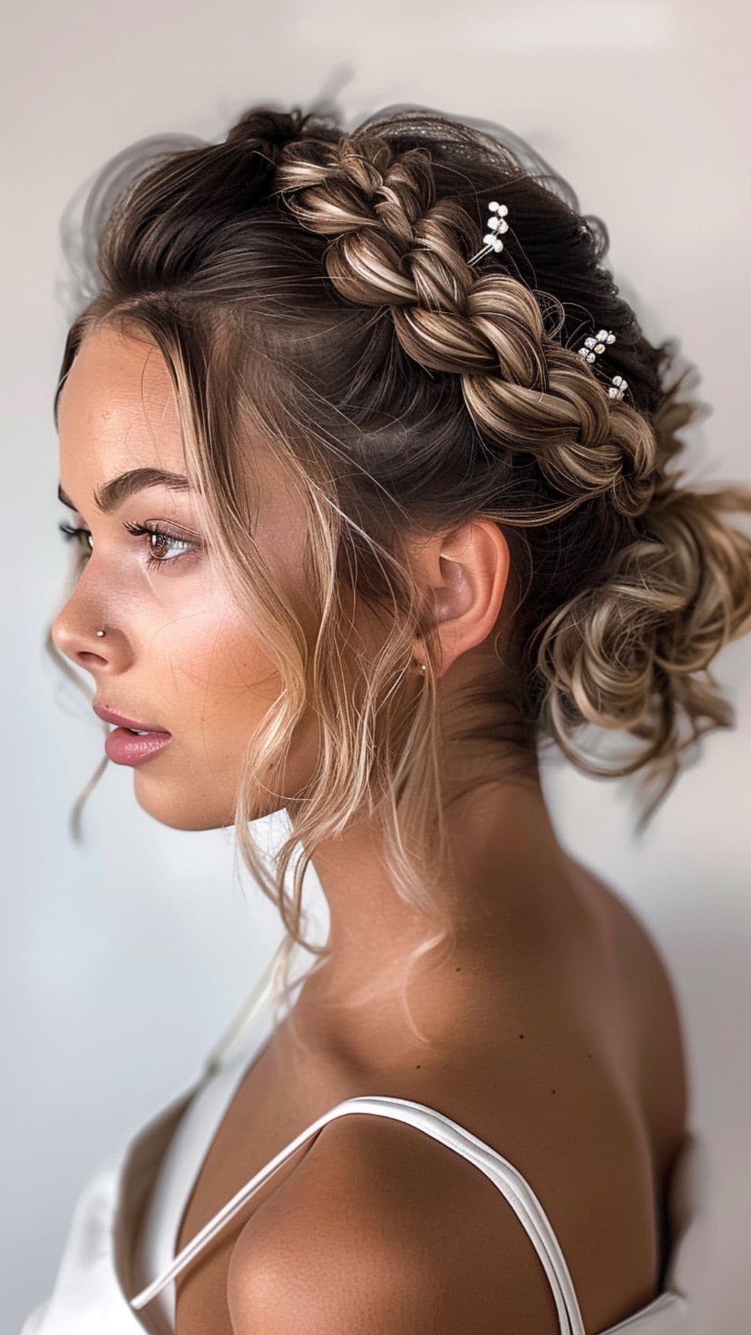 Una mujer modelando un peinado recogido con trenzas estilo boho.