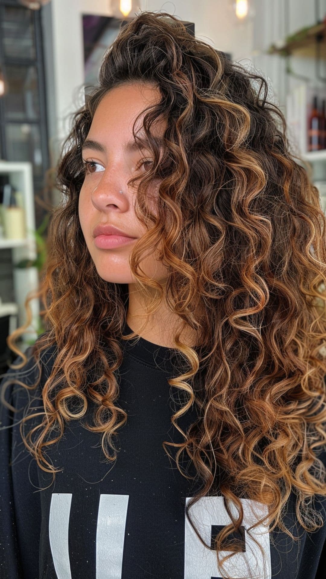 A woman modelling a bronze balayage curly hair.