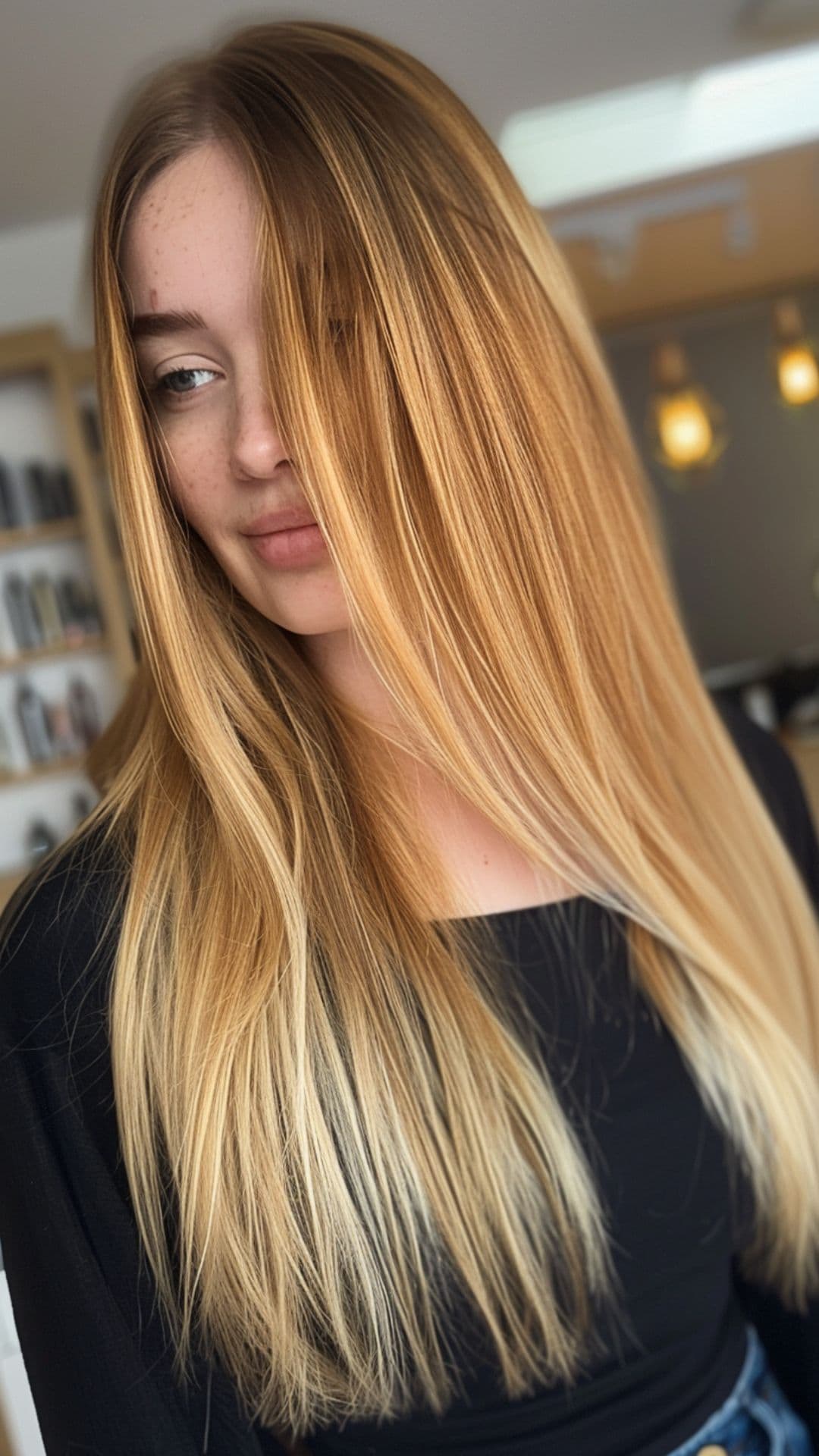 A woman modelling a brown and blonde ombre hair.