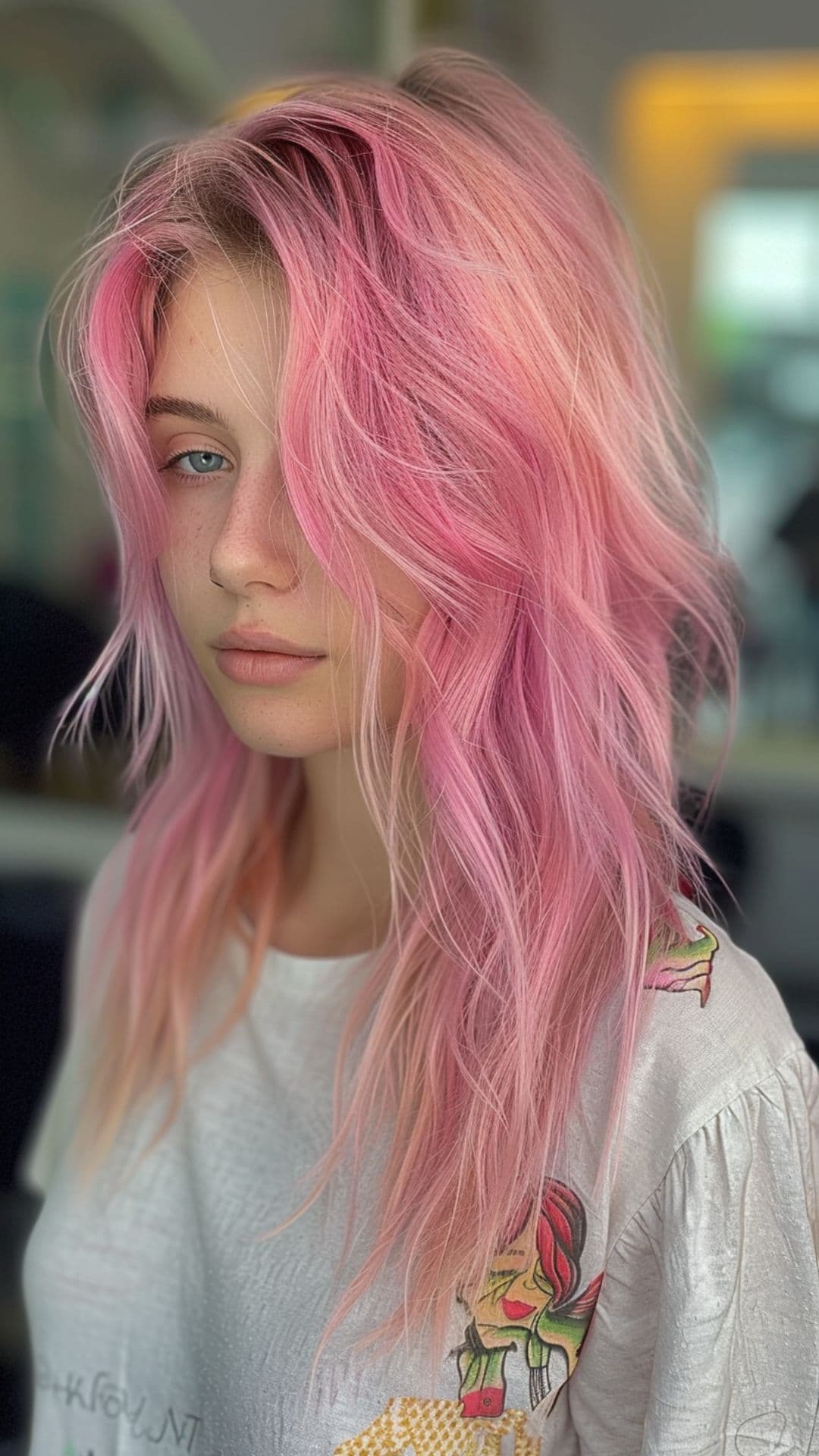 A young woman modelling a bubblegum pink hair.