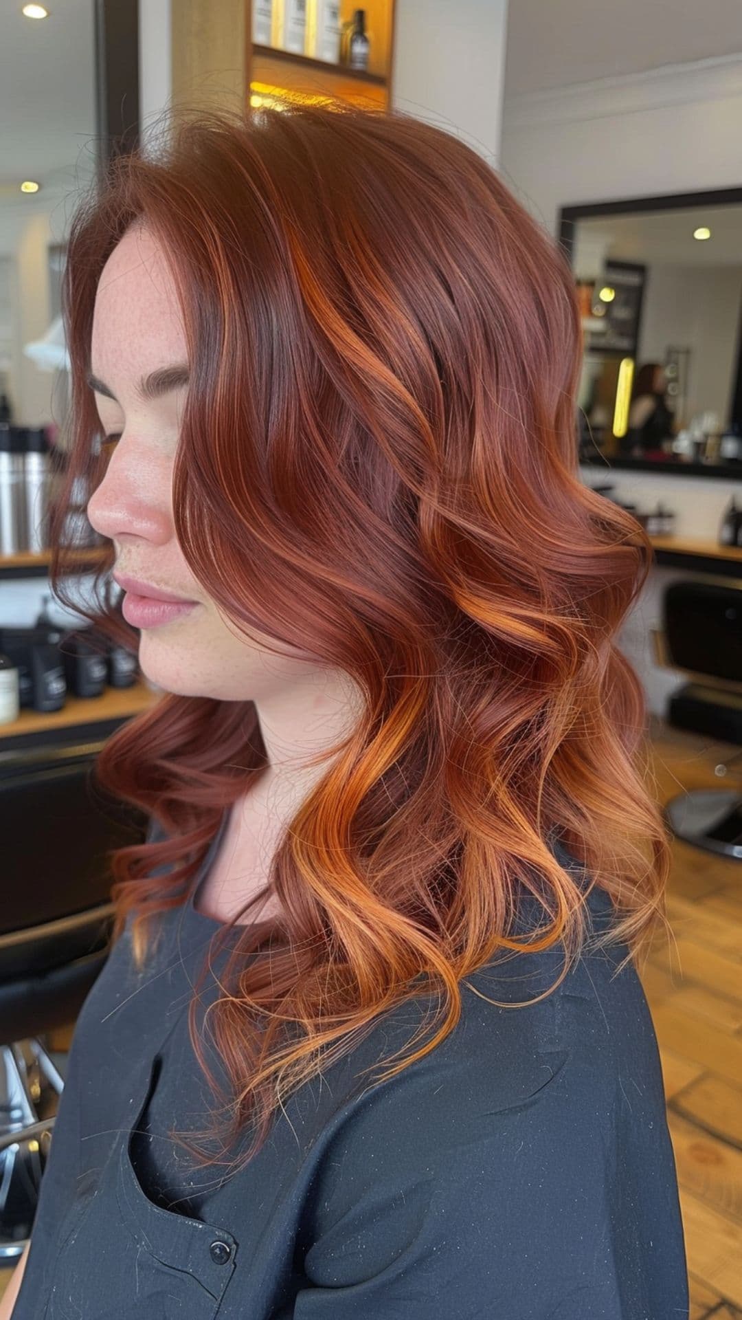 Uma mulher modelando um cabelo cor de vinho com mechas pêssego.