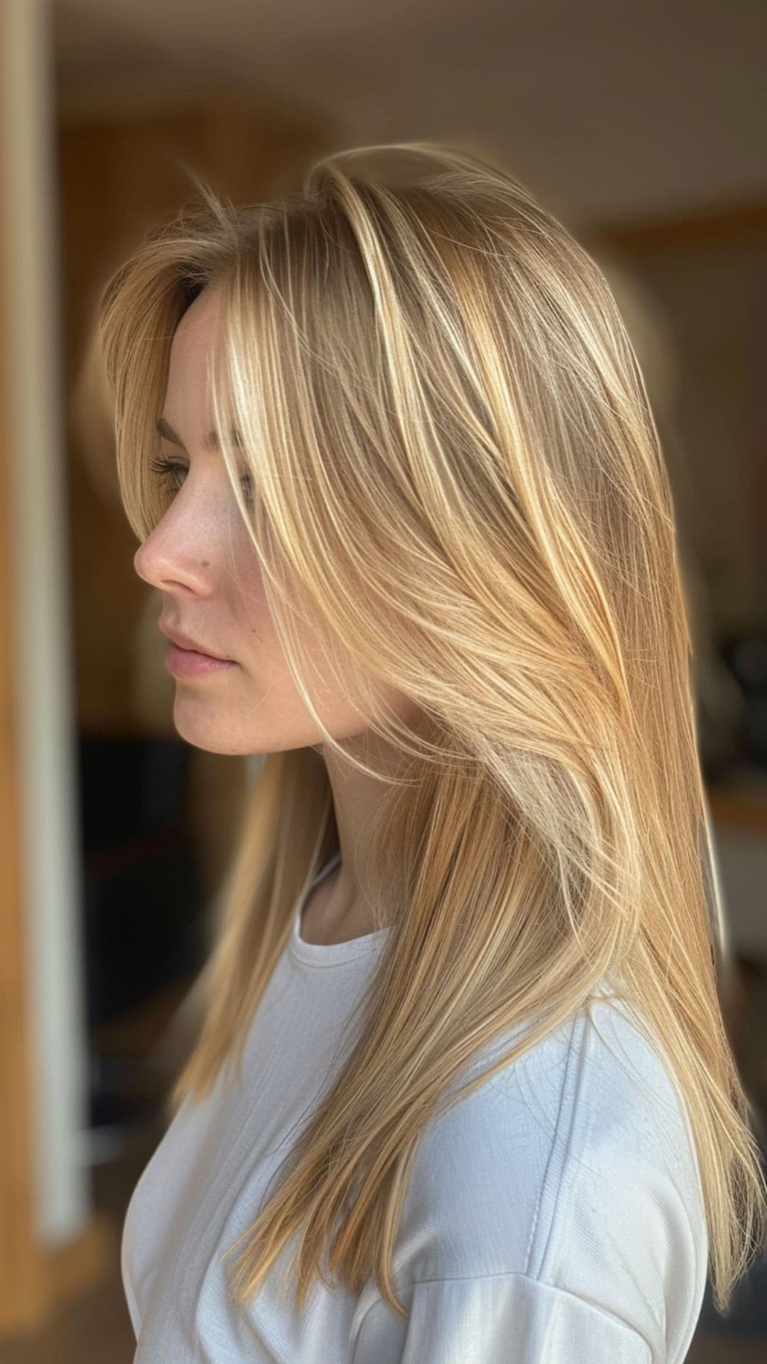 A woman modelling a subtle buttery blonde highlights hair.