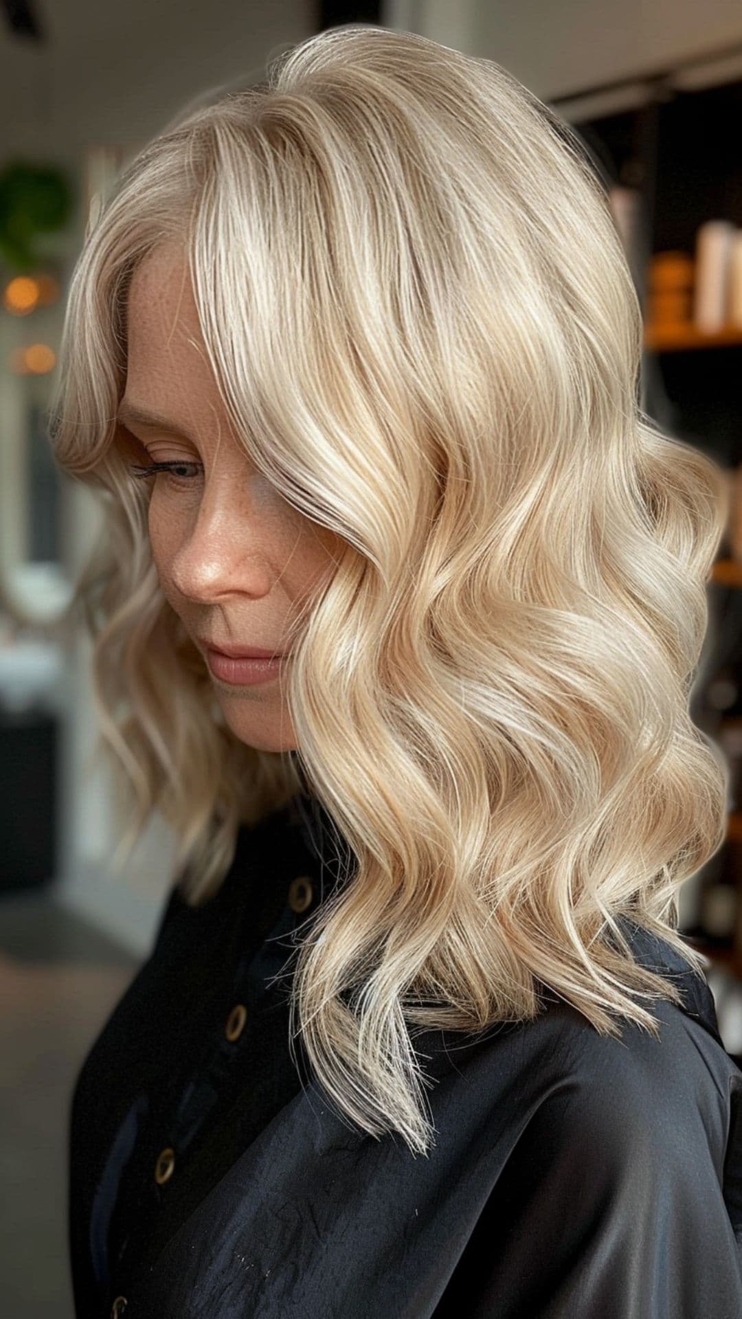 An old woman modelling a buttery blonde wavy hair.