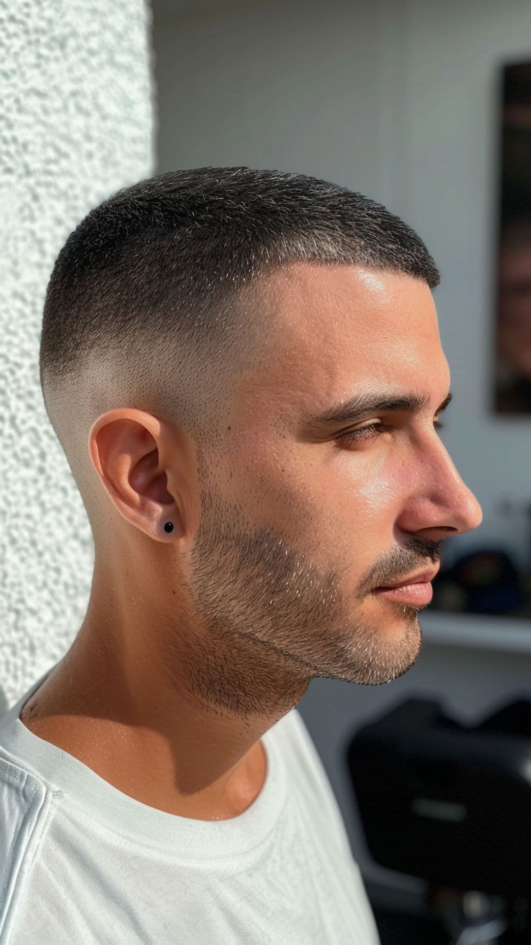 A man modelling a buzz haircut.