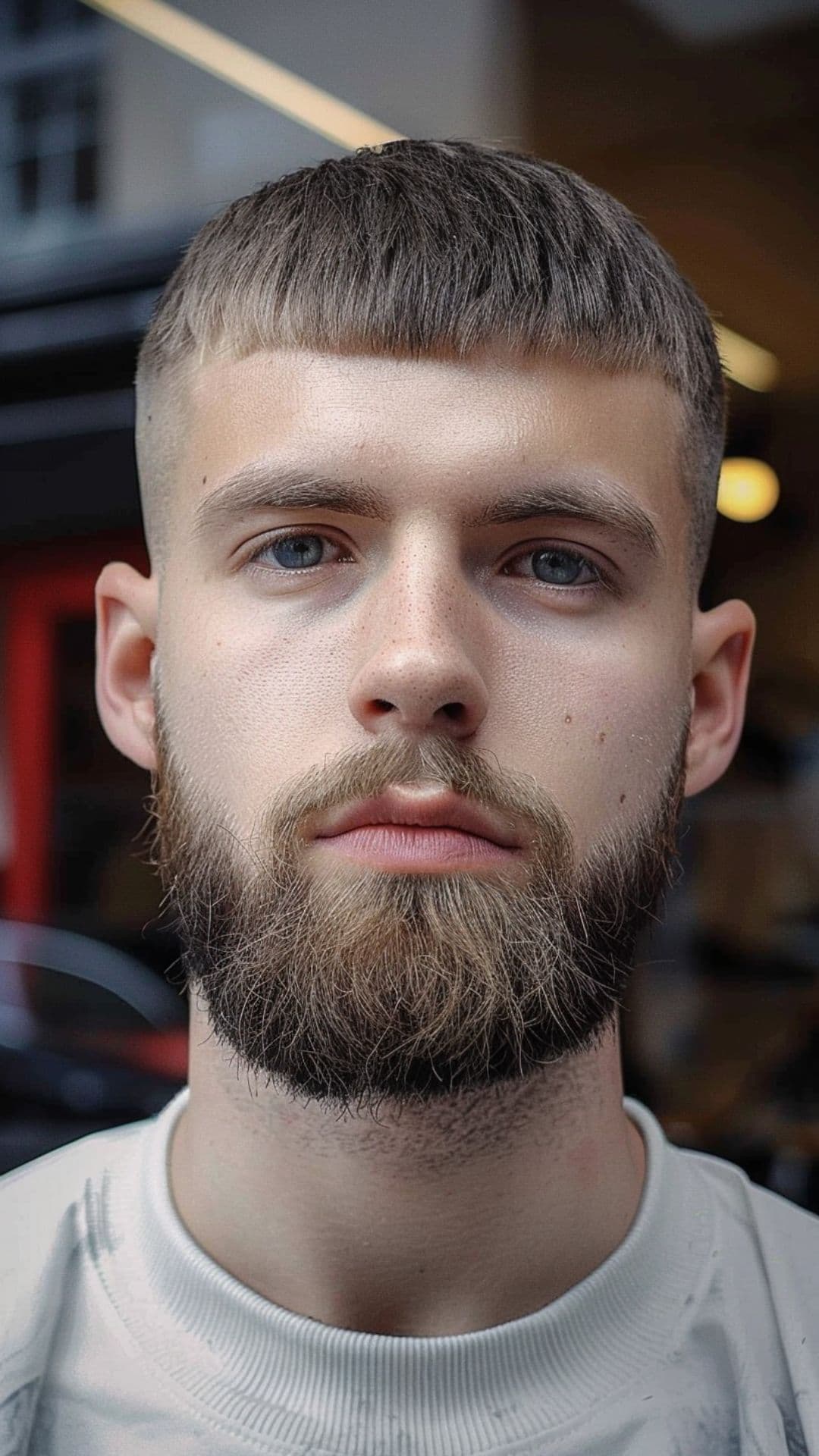A man modelling a caesar cut with beard.