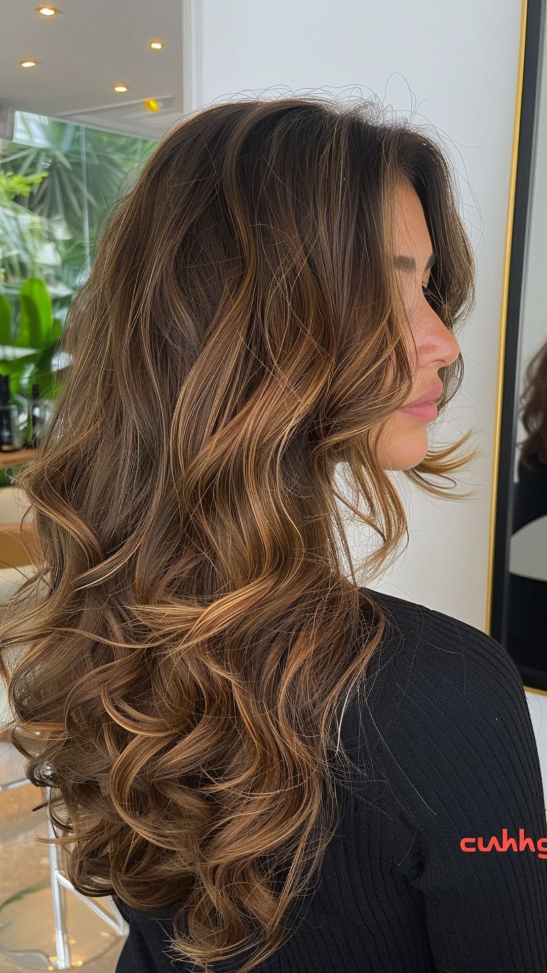 A woman modelling a caramel brown highlights hair.