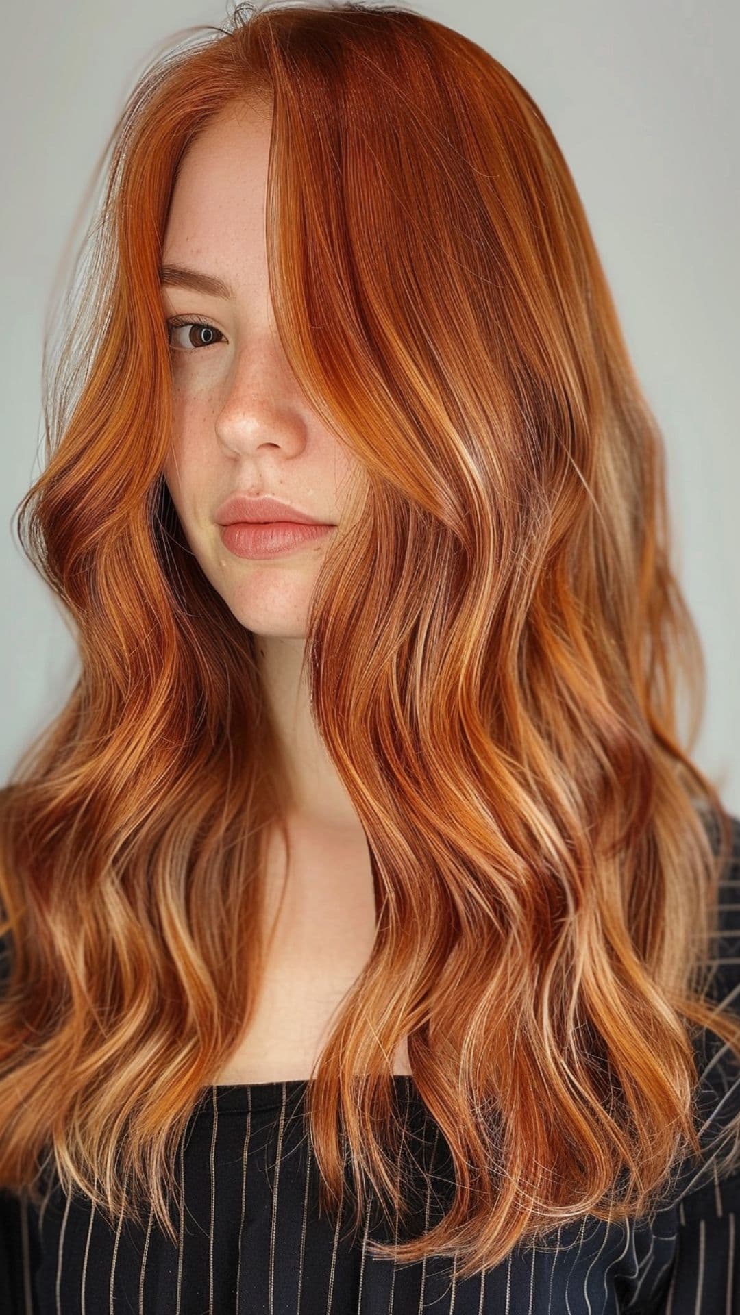 A woman modelling a caramel copper hair tones.