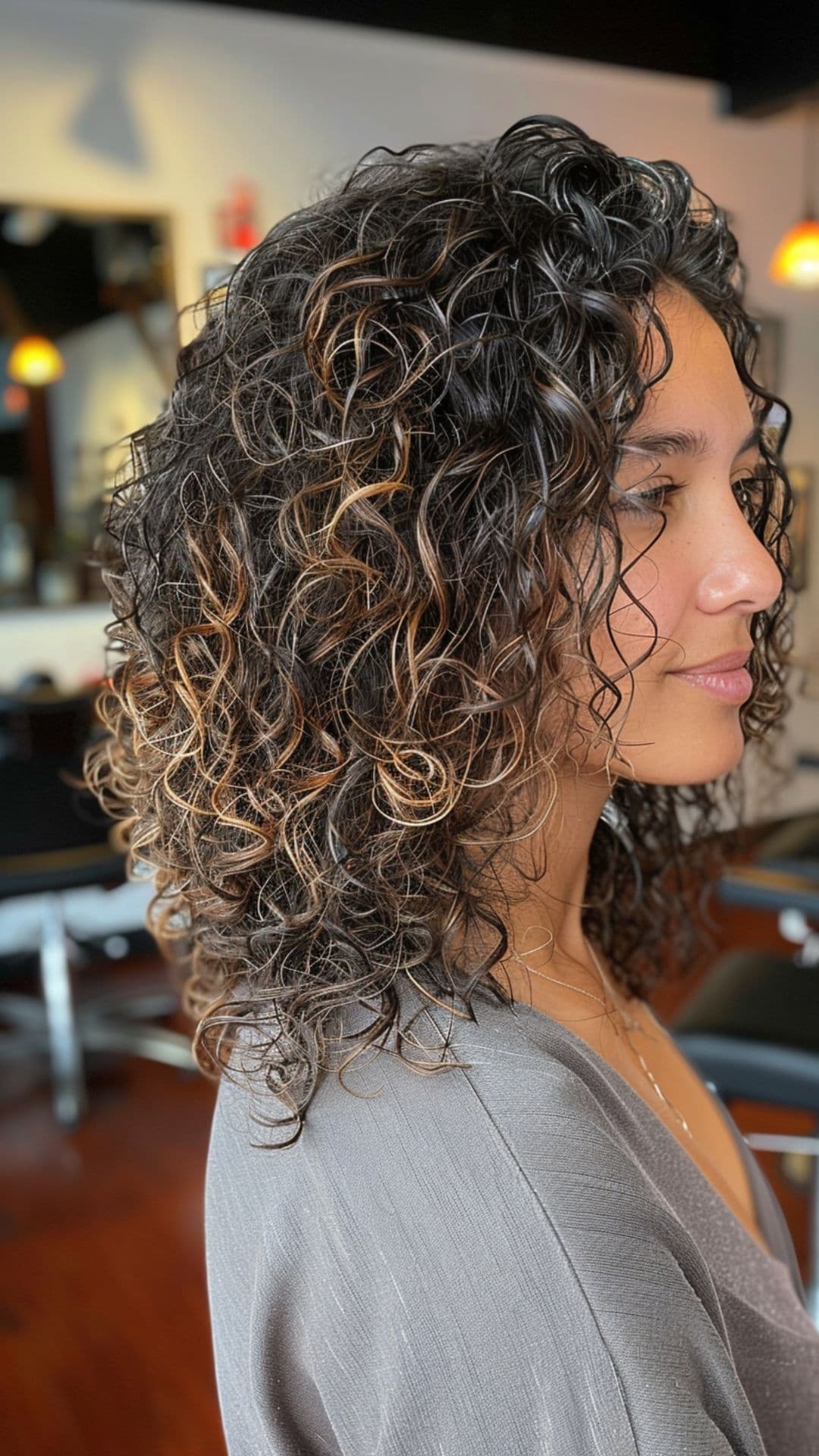 A woman modelling a caramel highlights on curly hair.