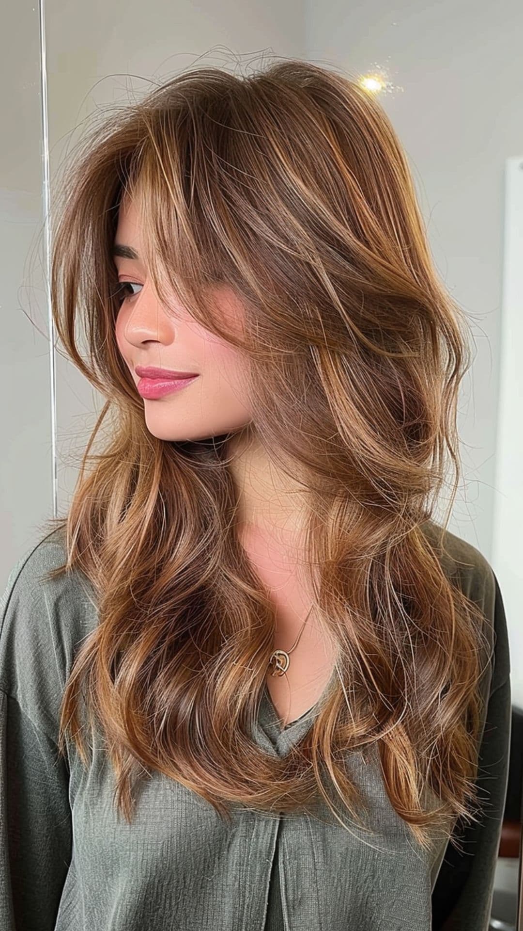A woman modelling a caramel macchiato hair color.