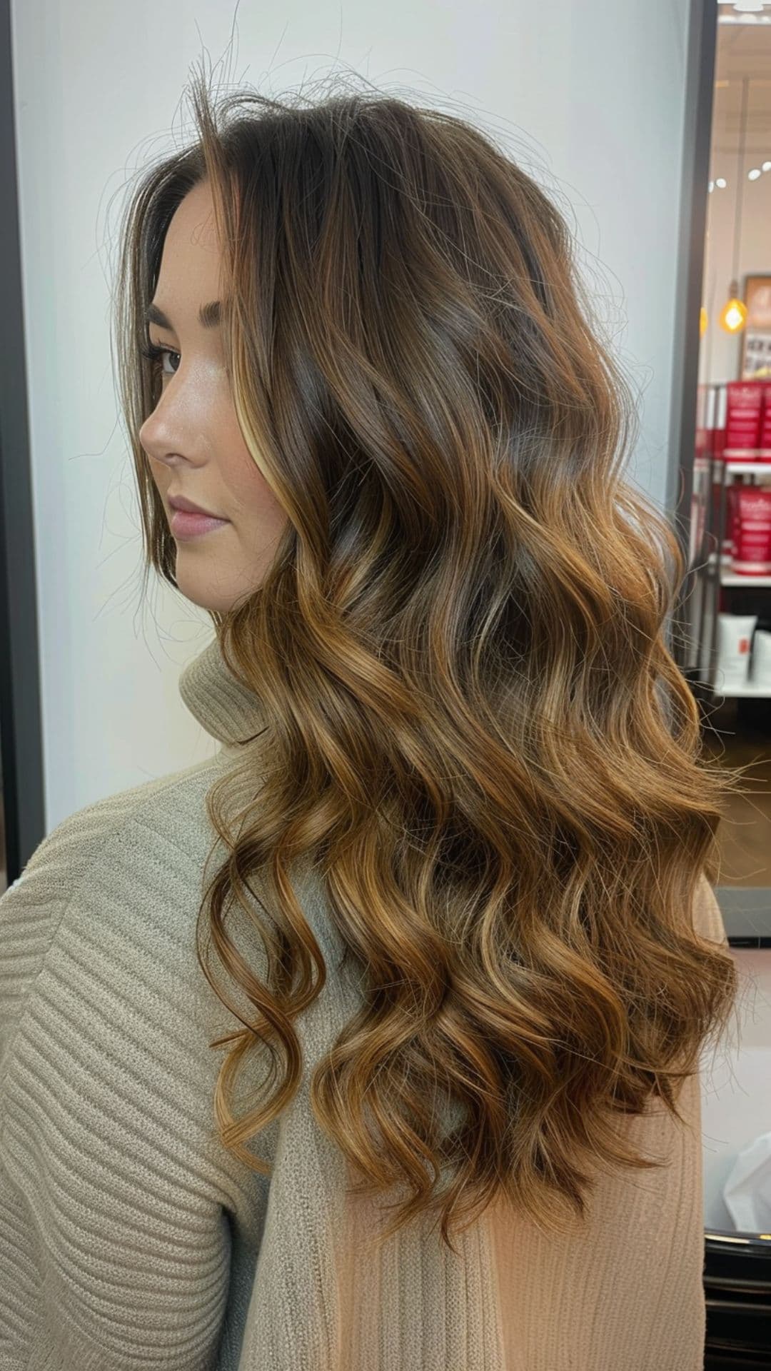 A woman modelling a caramel ombre on brunette hair.