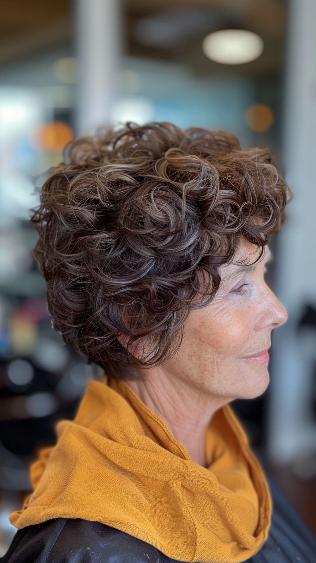 An old woman modelling a curly pixie hair.