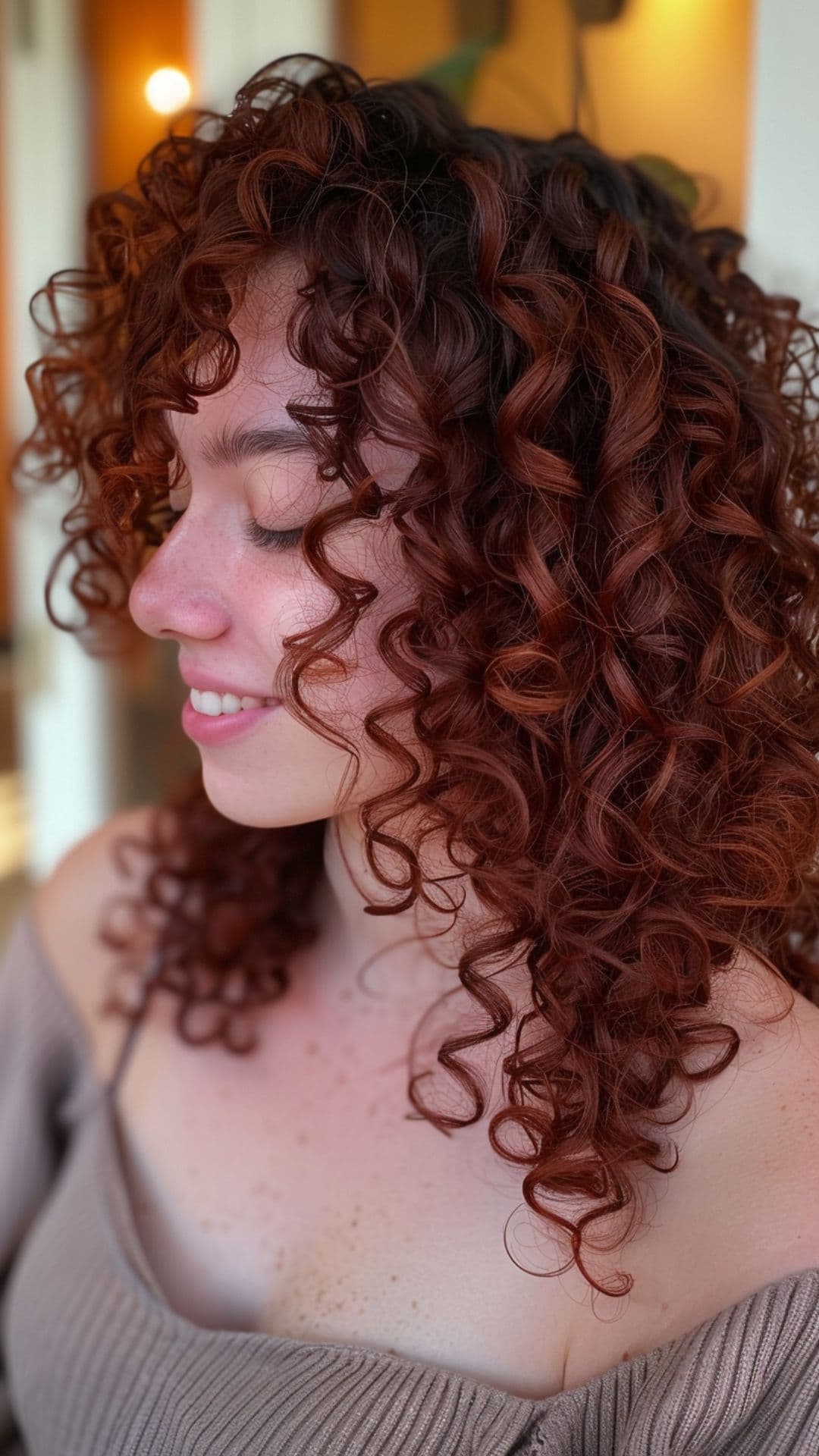 A woman modelling a cherry cola curly hair.