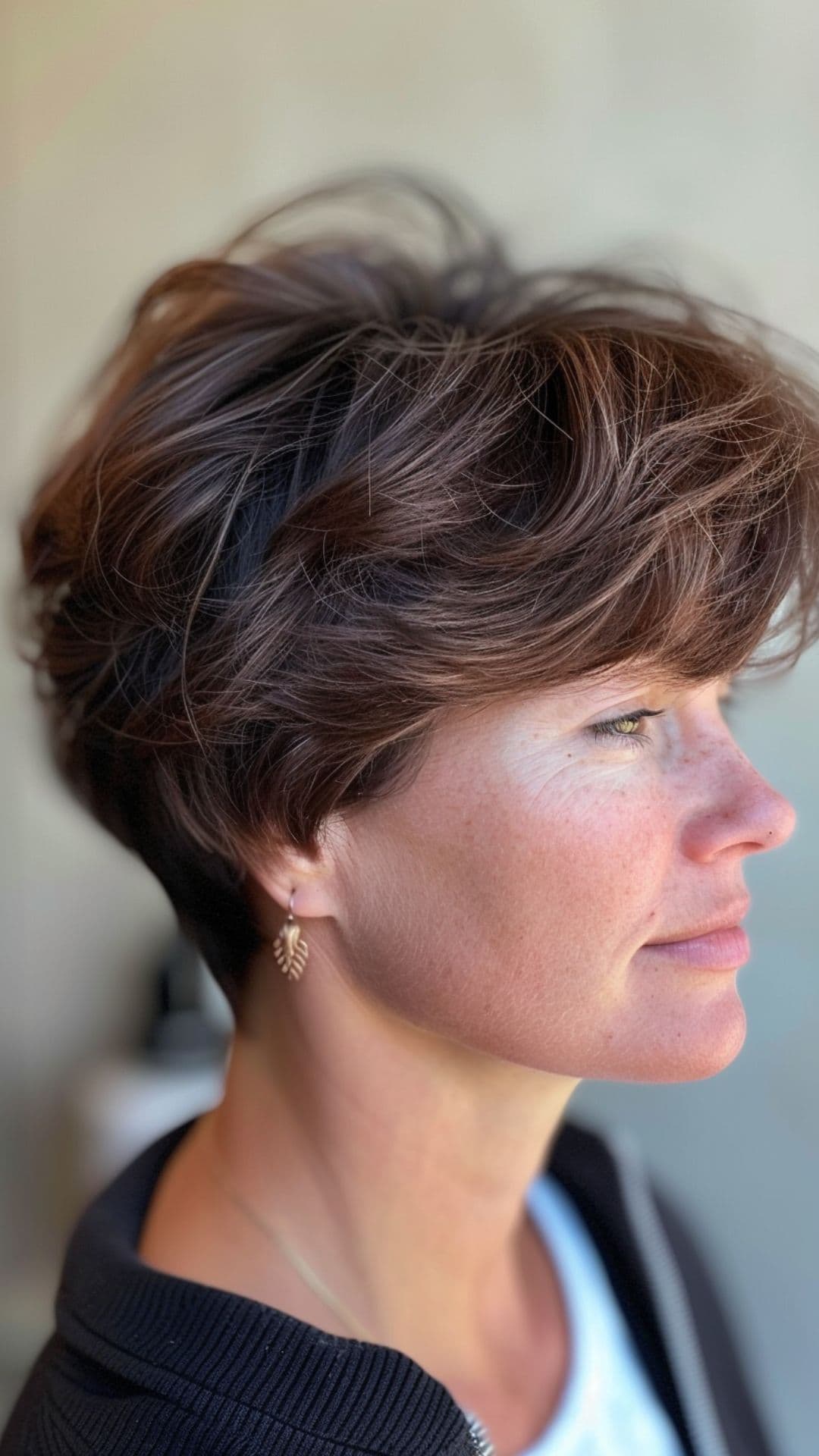 A woman modelling a short chocolate brown hair.