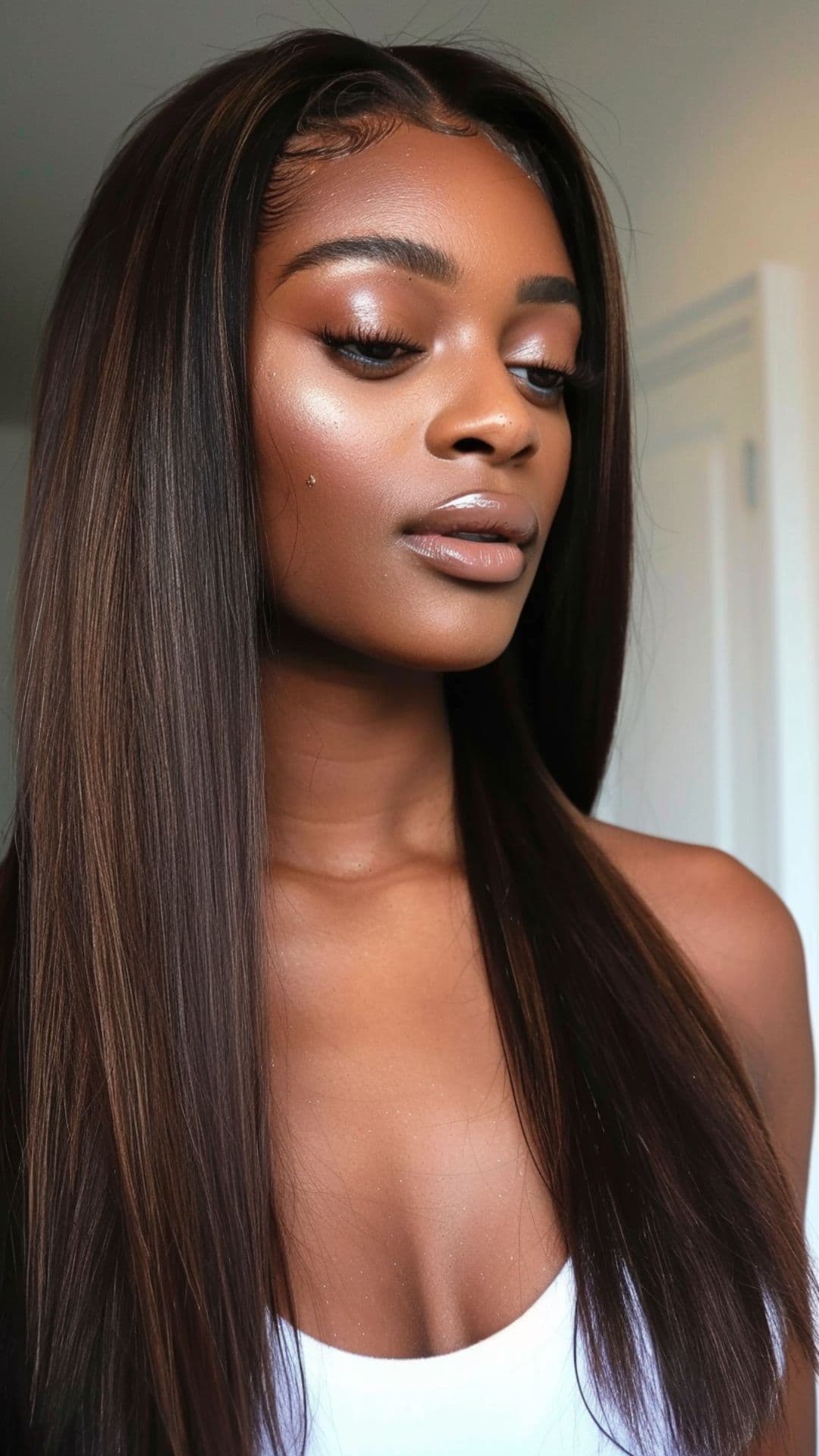 A black woman modelling a straight chocolate brown hair.