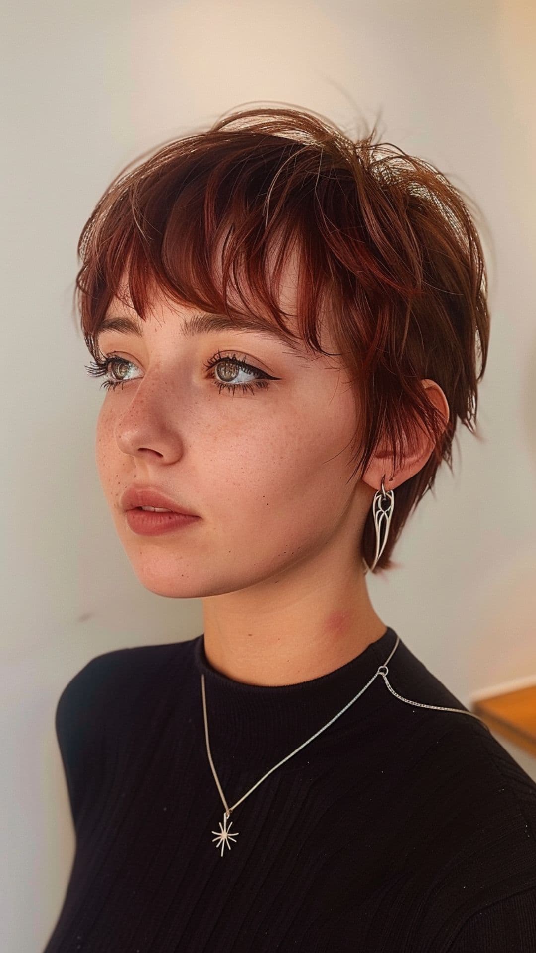 A woman modelling a classic pixie with soft fringe.