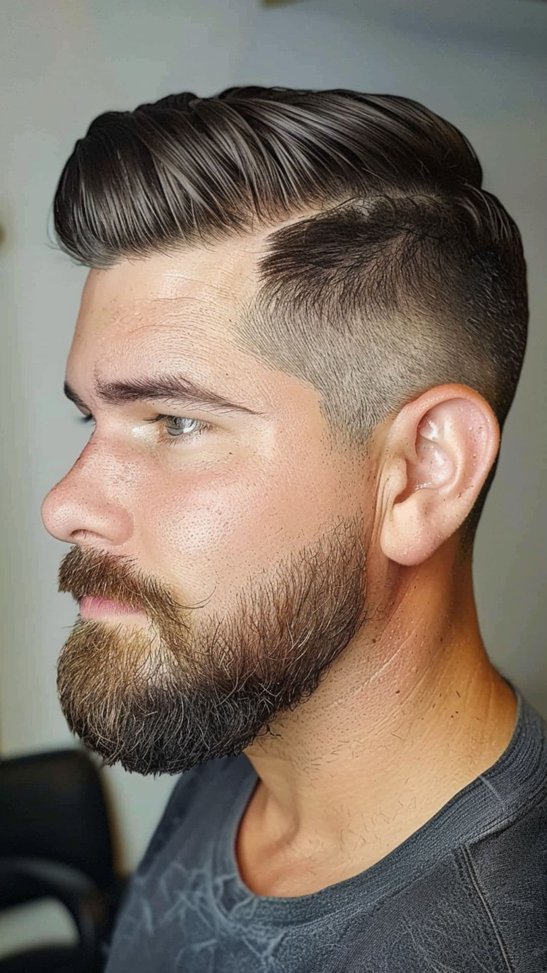 A man modelling a comb over haircut with beard.