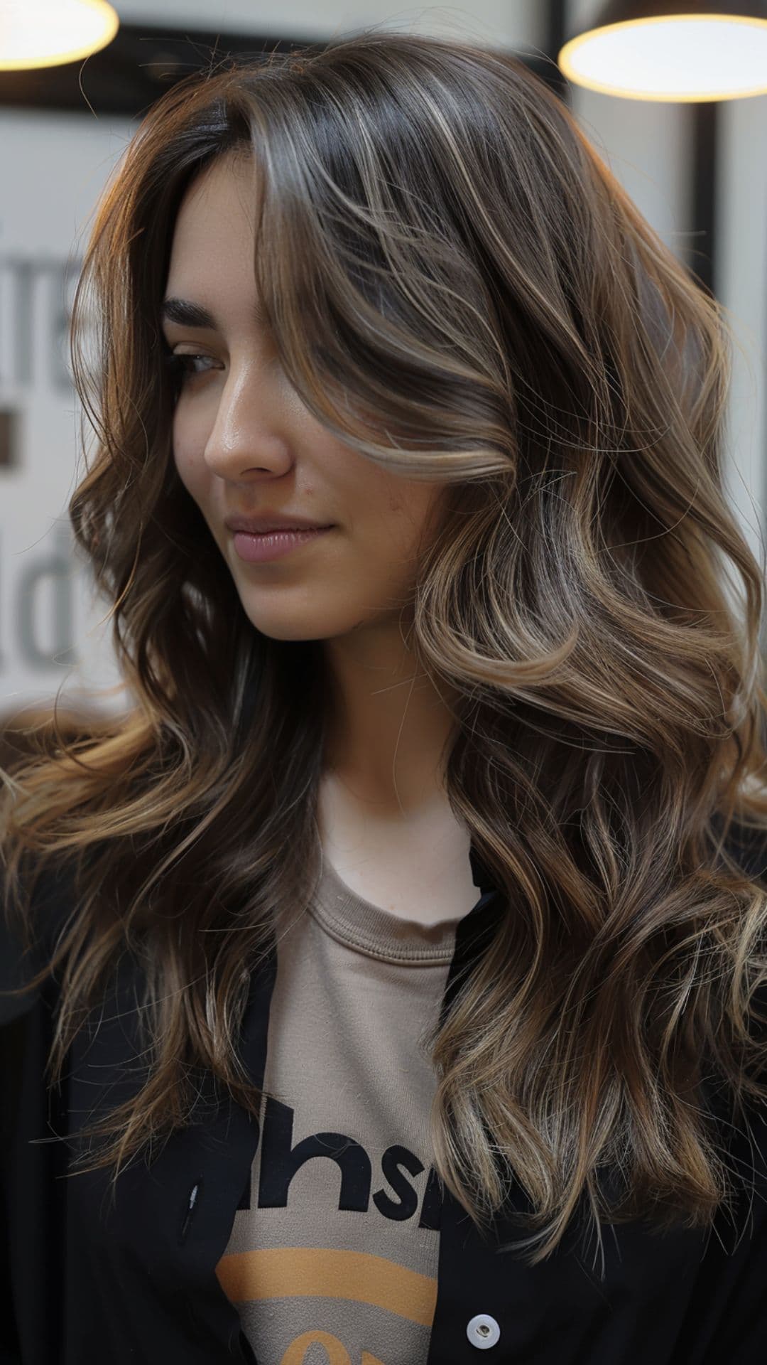 A woman modelling a subtle cool ash brown highlights.