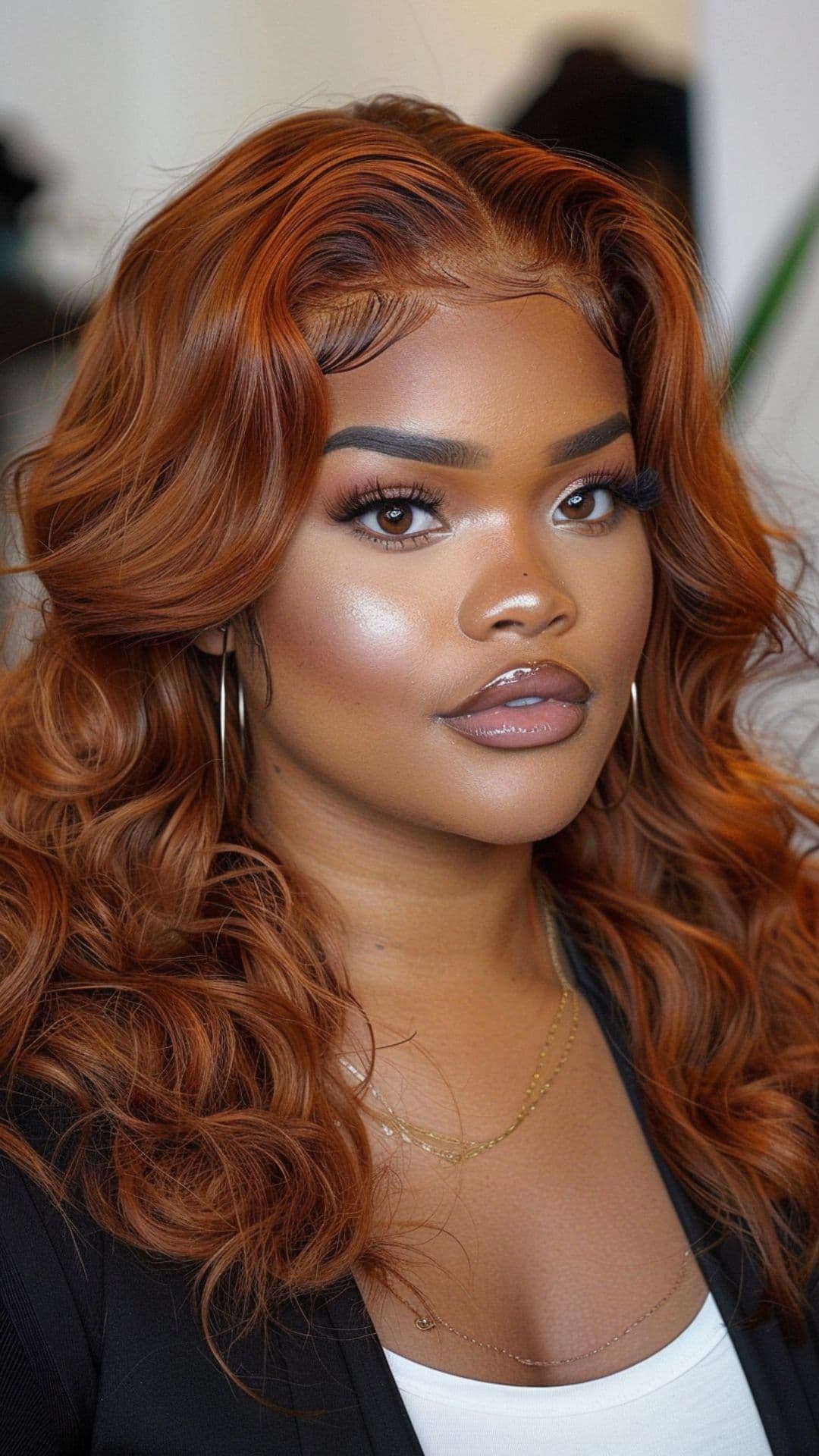 A black woman modelling a copper hair.