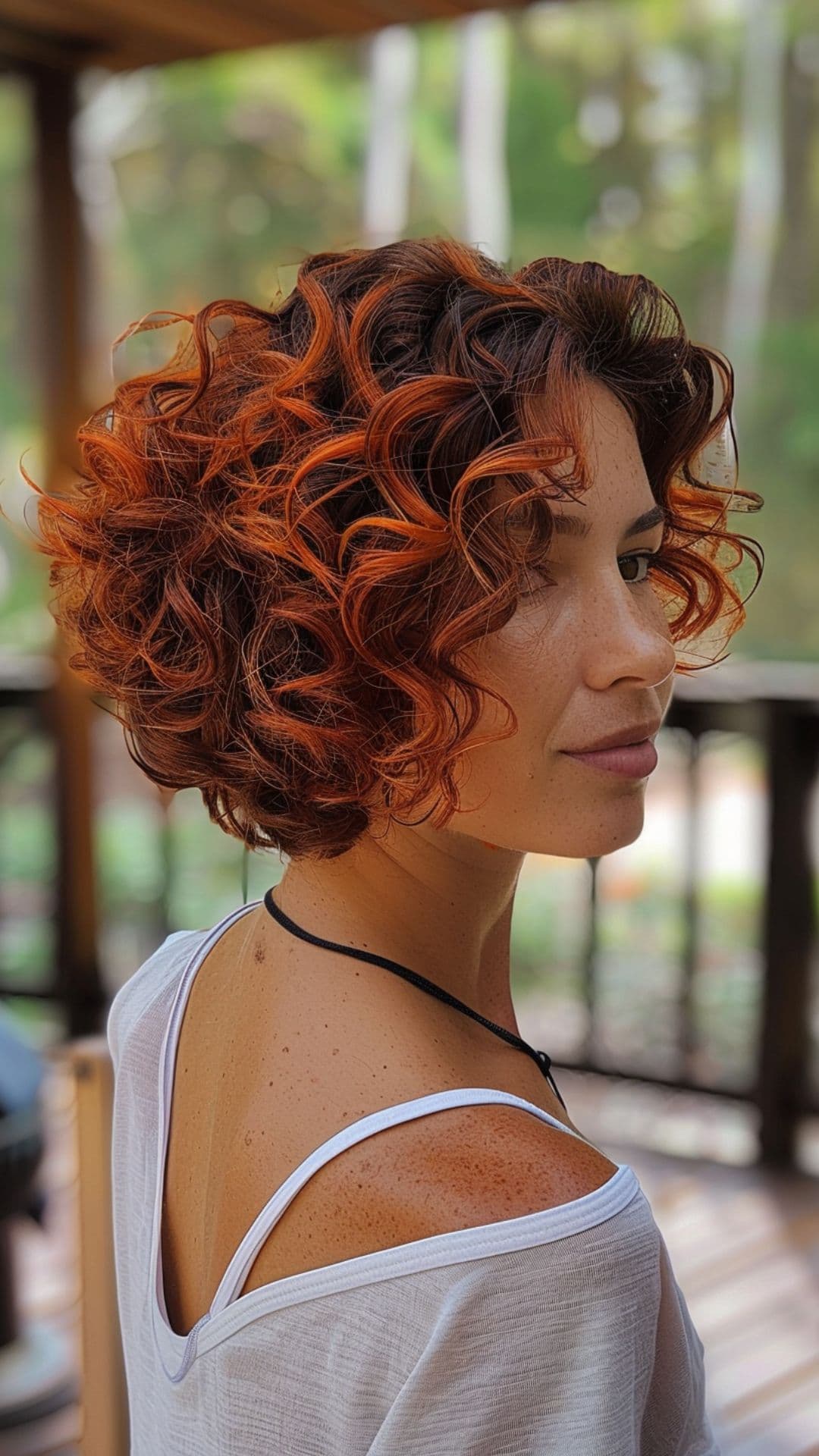 A woman modelling a copper highlights on short curls.