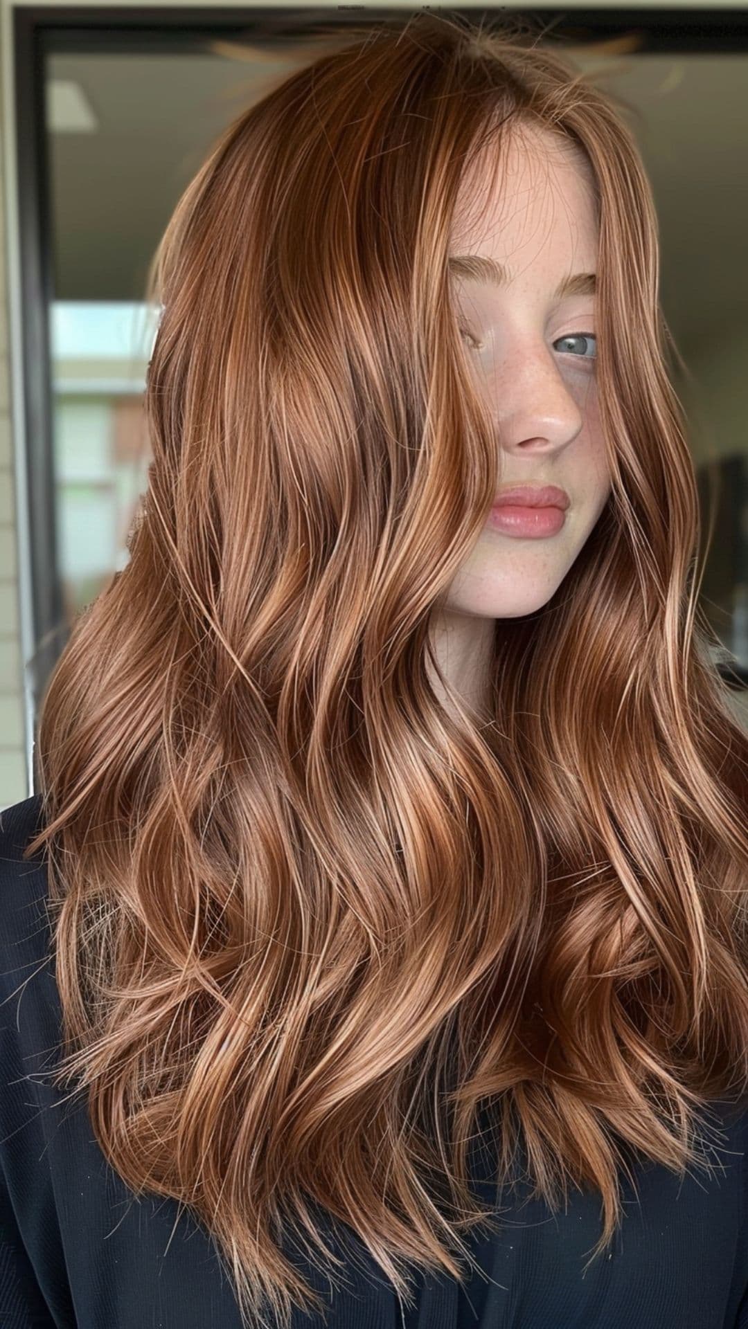 A woman modelling a subtle copper highlights hair.