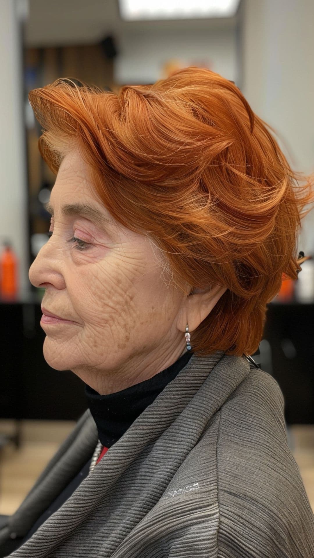 An old woman modelling a copper hair on layered pixie bob.