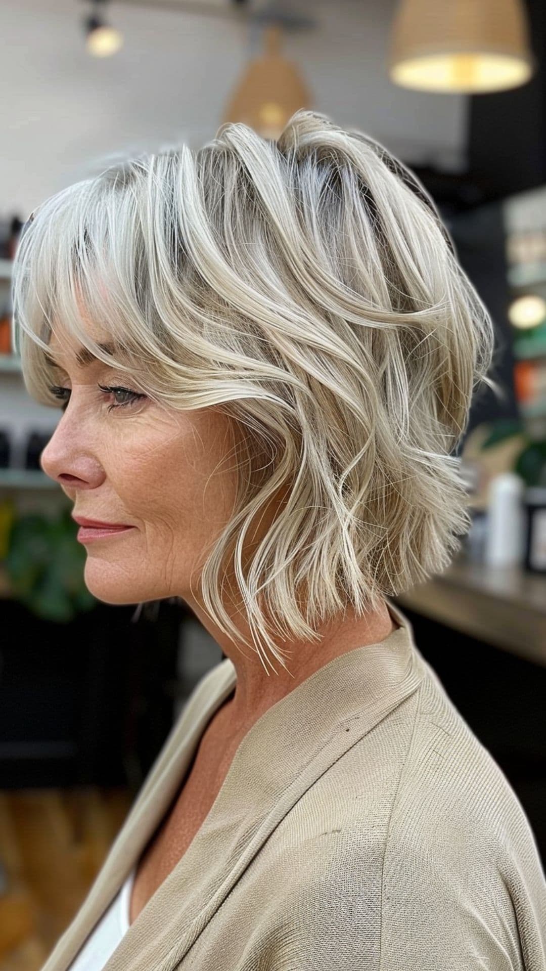 An old woman modelling a cropped bob with choppy ends.