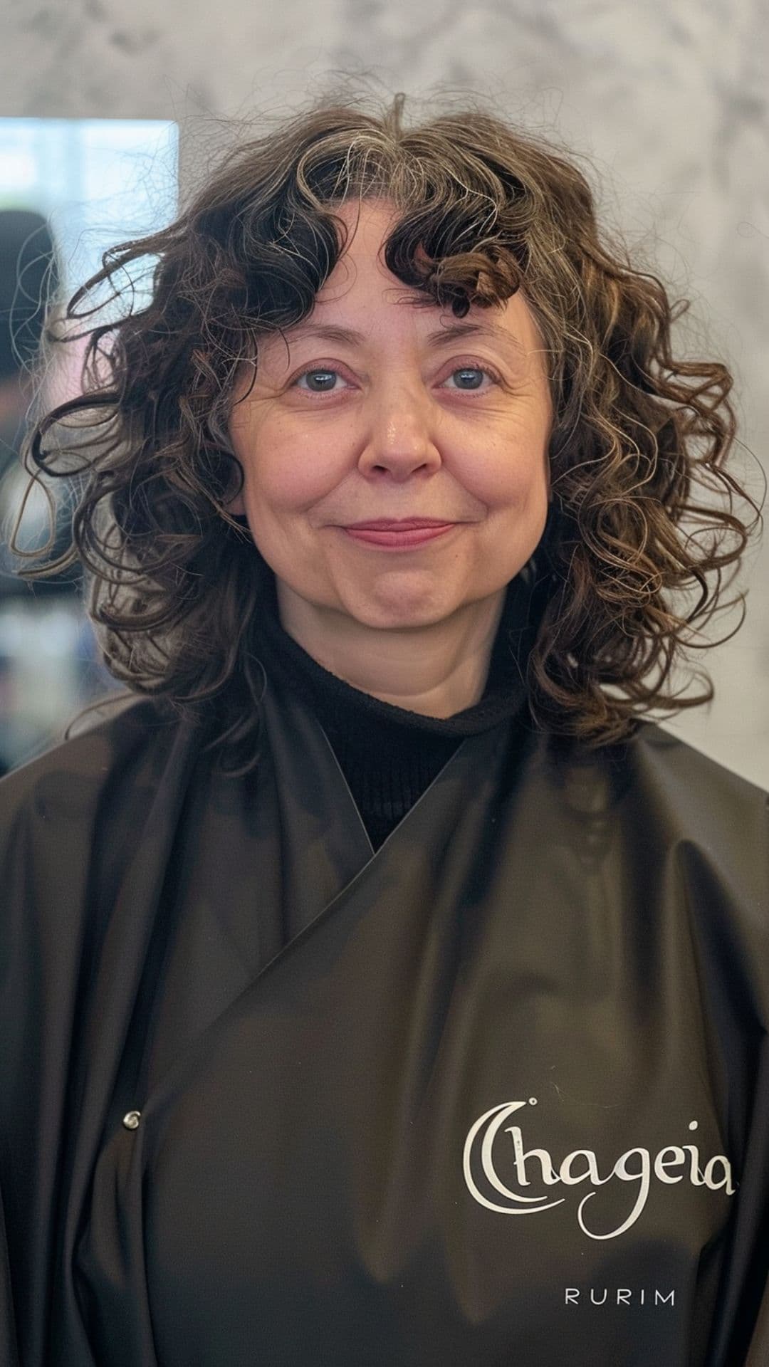 An old woman modelling a curly bob with fringe.