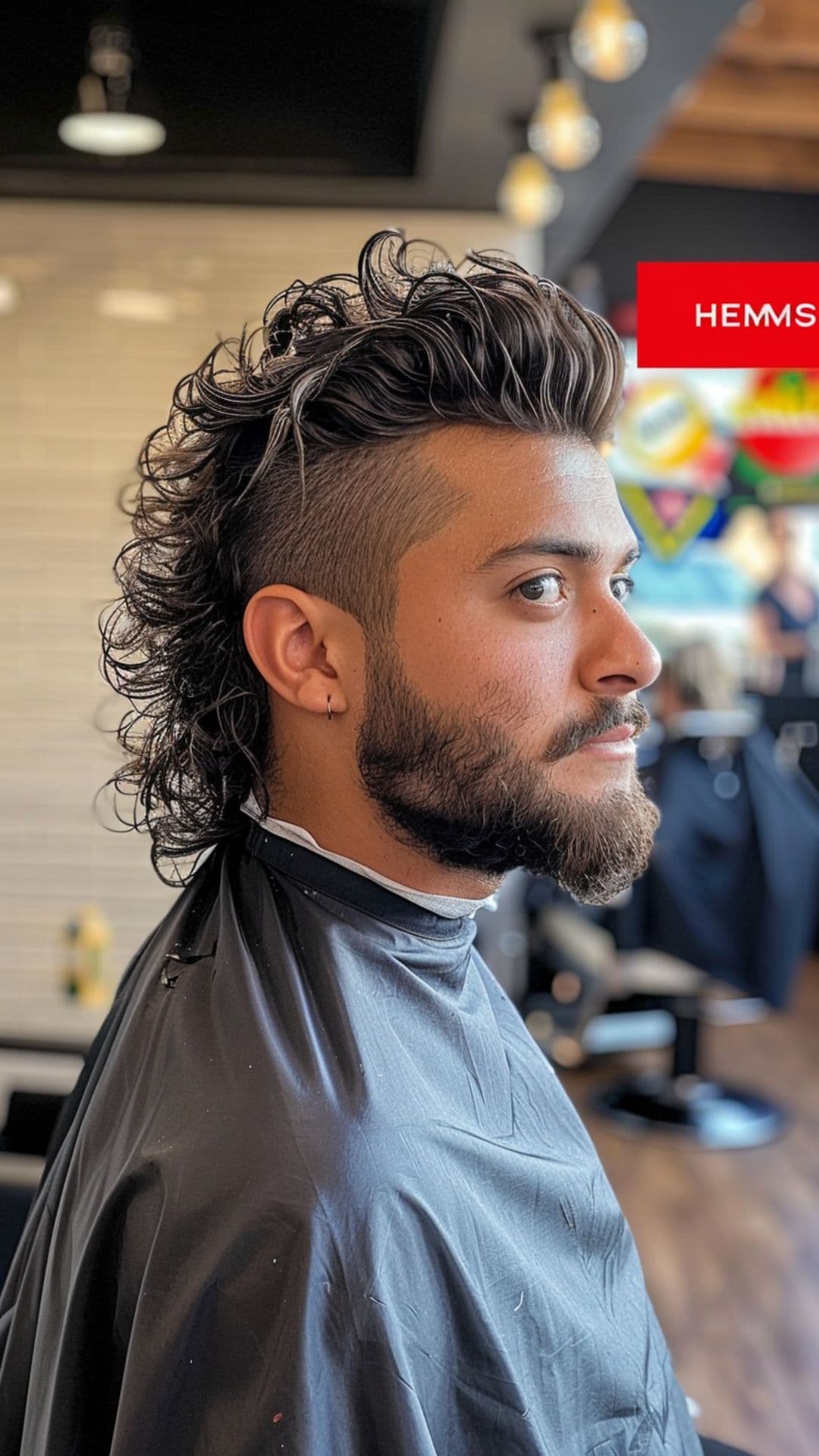 A man modelling a curly faded mullet with beard.