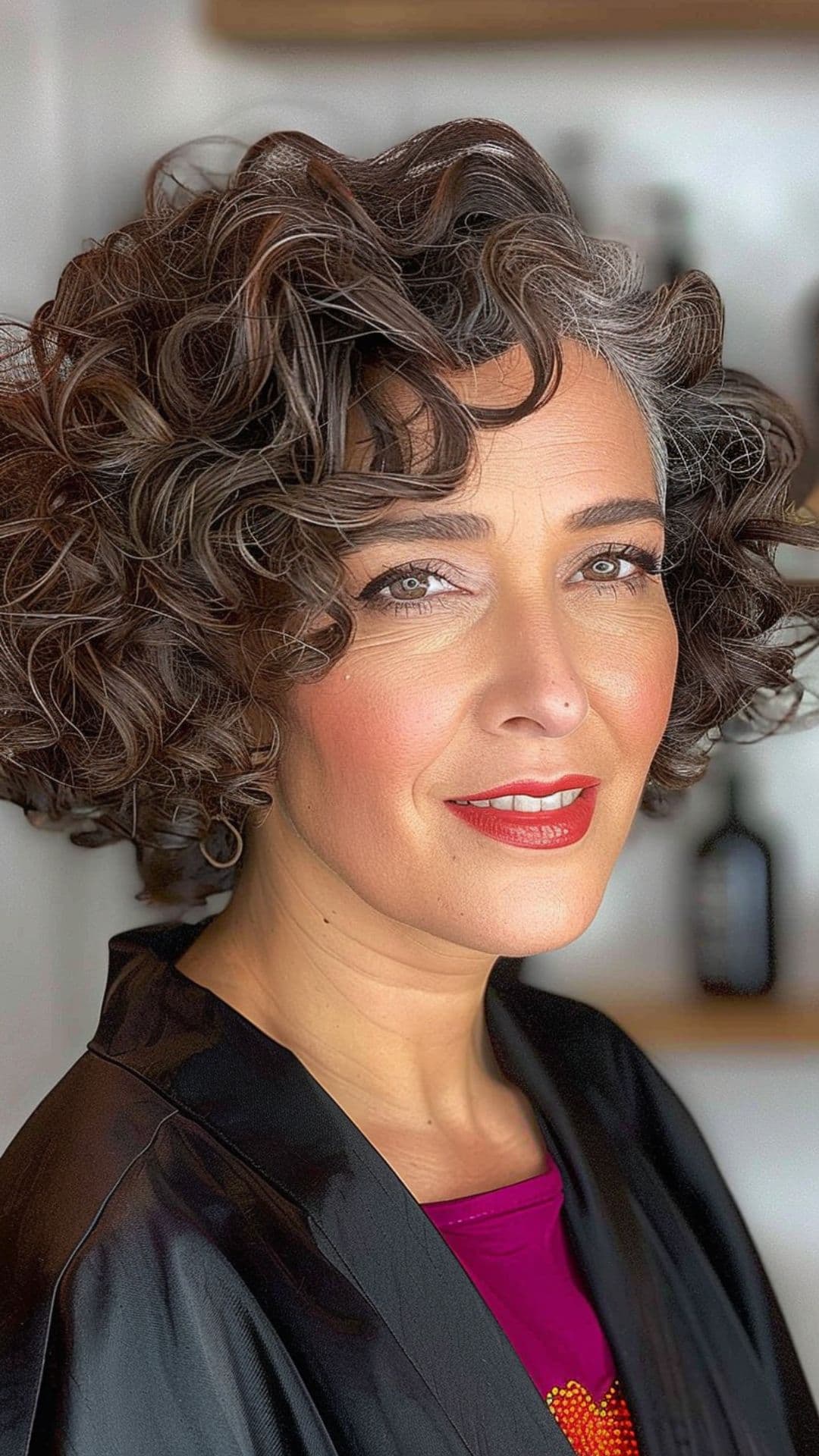 An old woman modelling a curly hair with side part.
