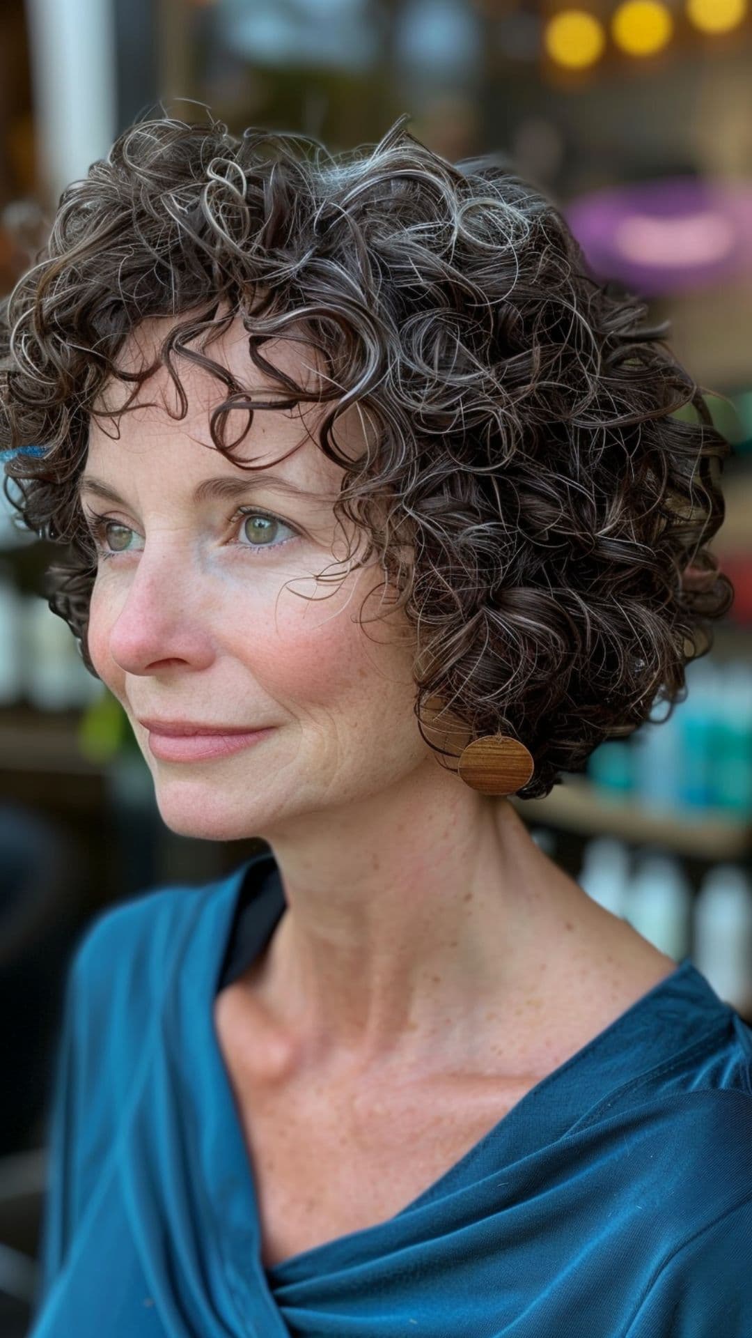 An old woman modelling a curly layered cut.