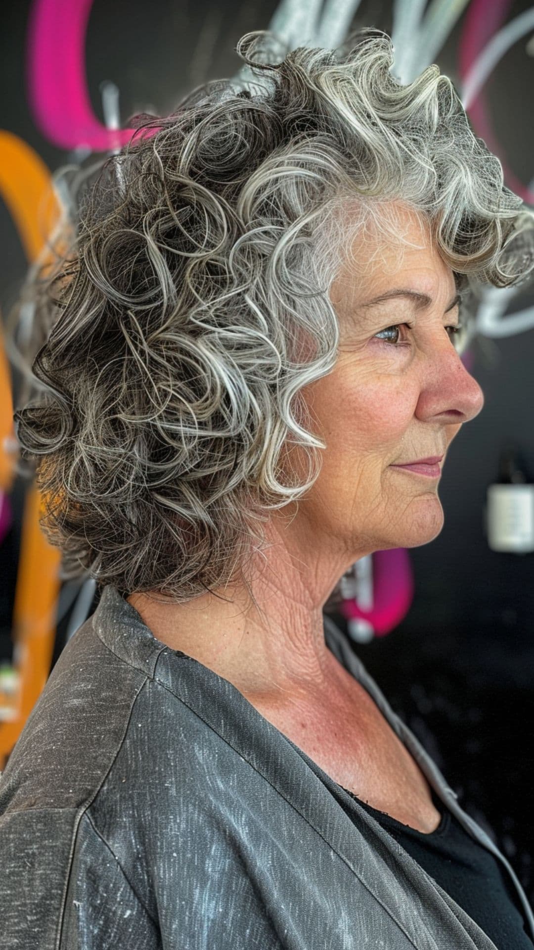 An old woman modelling a curly shag.