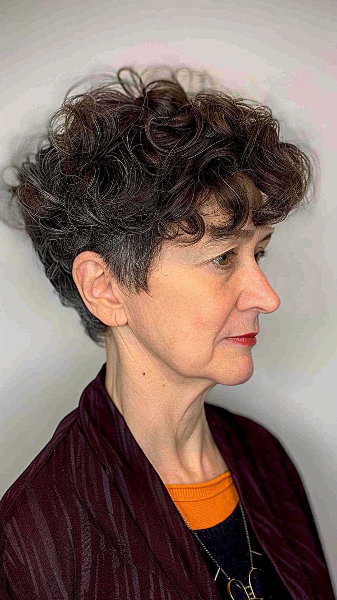 An old woman modelling a curly tapered cut hair.