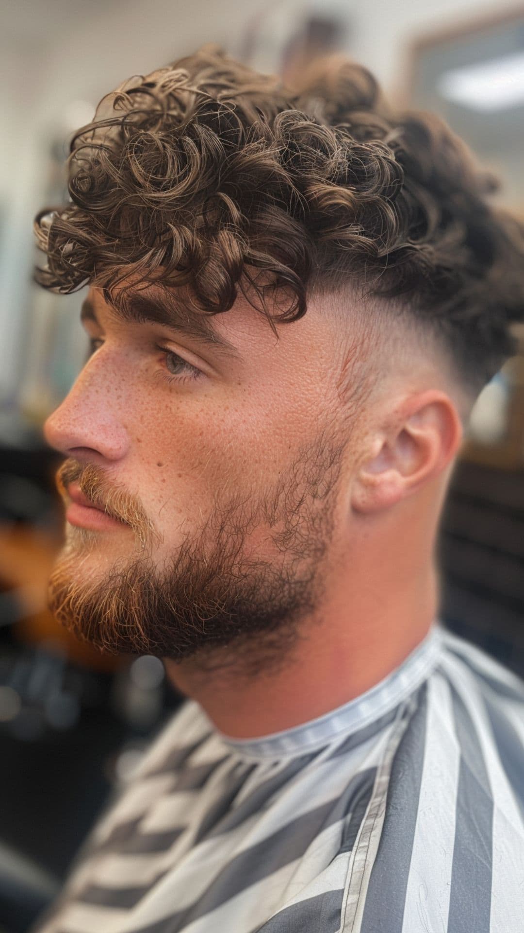 A man modelling a curly top fade with beard.