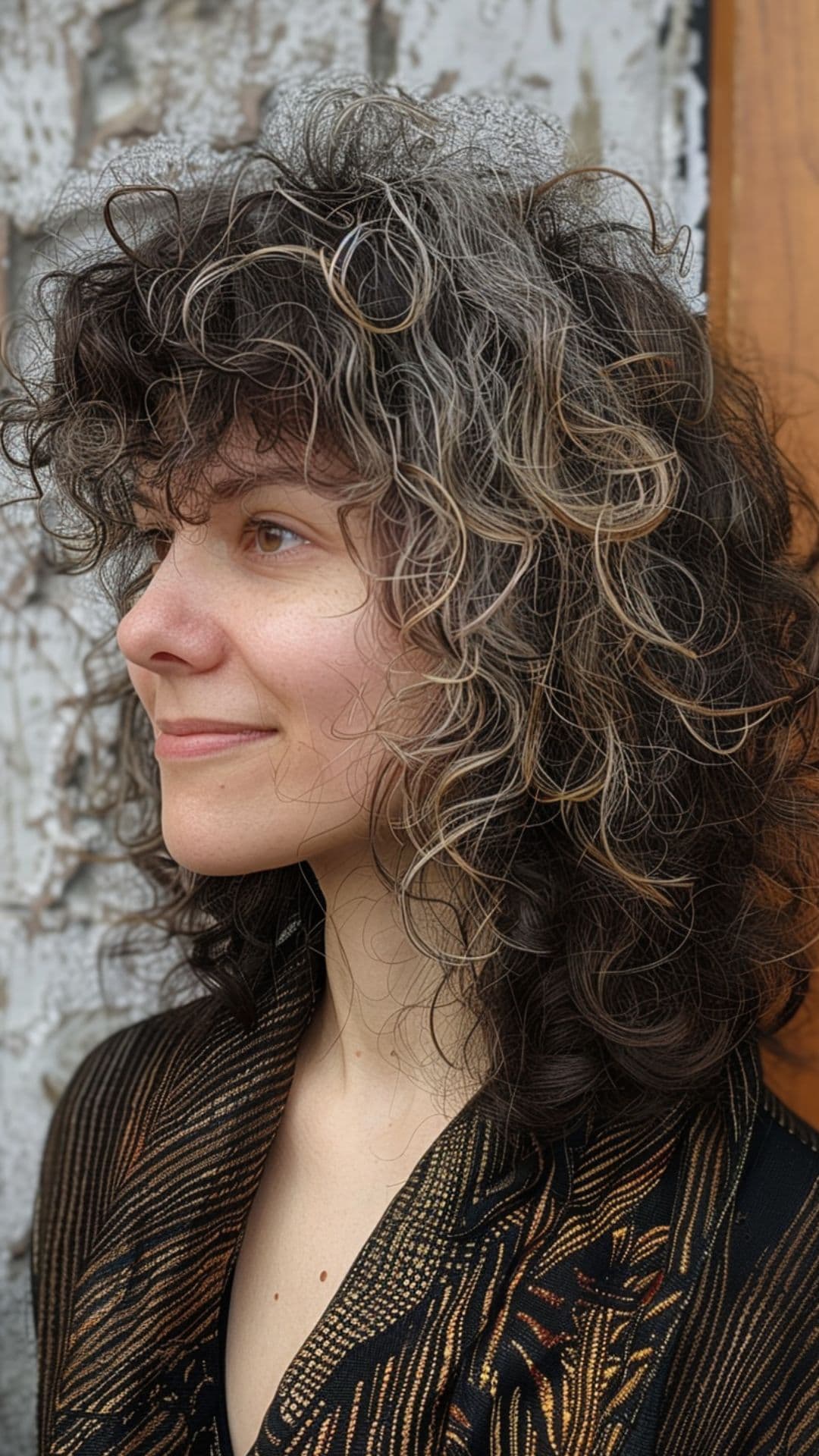 A woman modelling a curly wolf cut.
