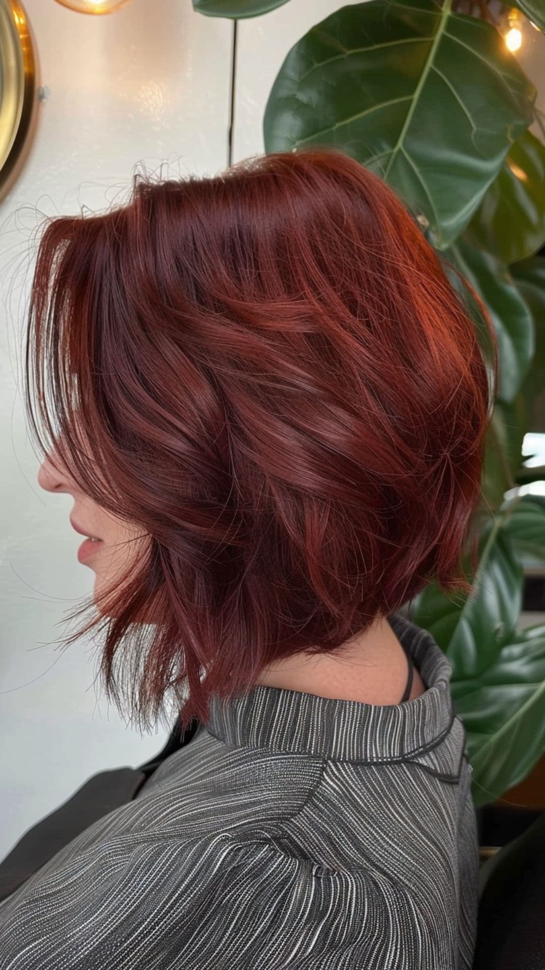 A woman modelling a dark cherry hair color.