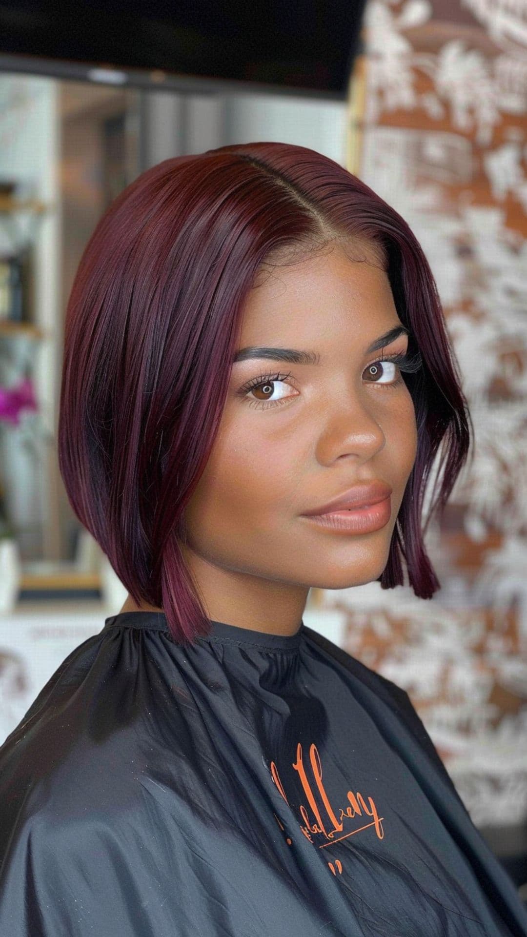 A woman modelling a short deep burgundy hair.