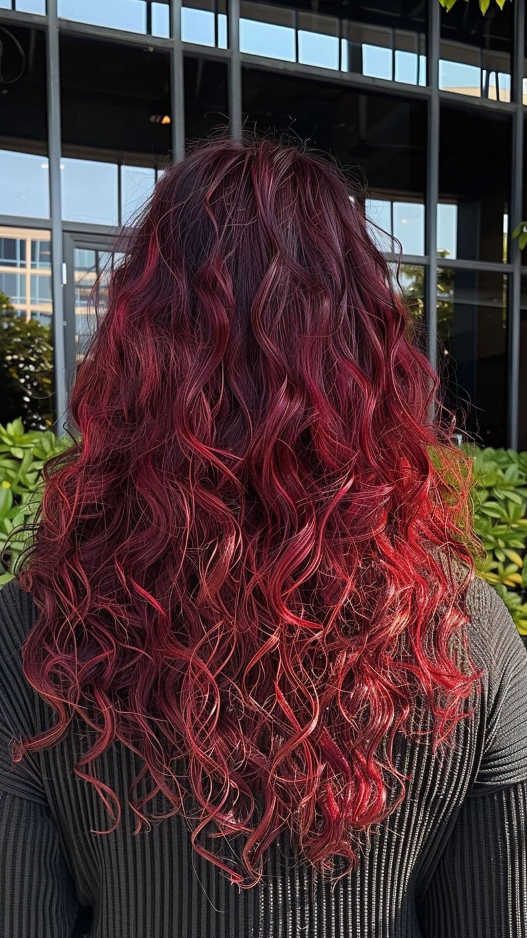 A woman modelling a deep burgundy curly hair.