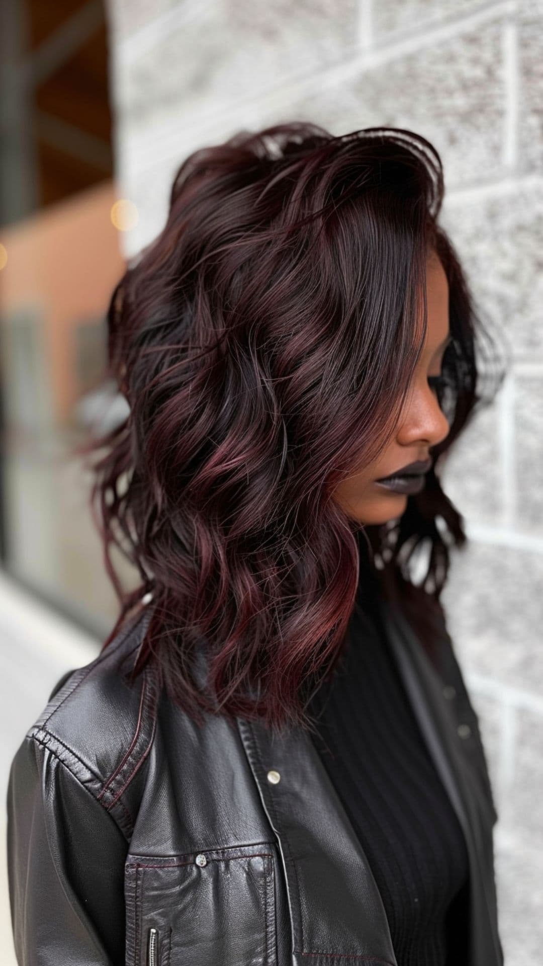 A woman with dark skin tone modelling a deep burgundy hair.