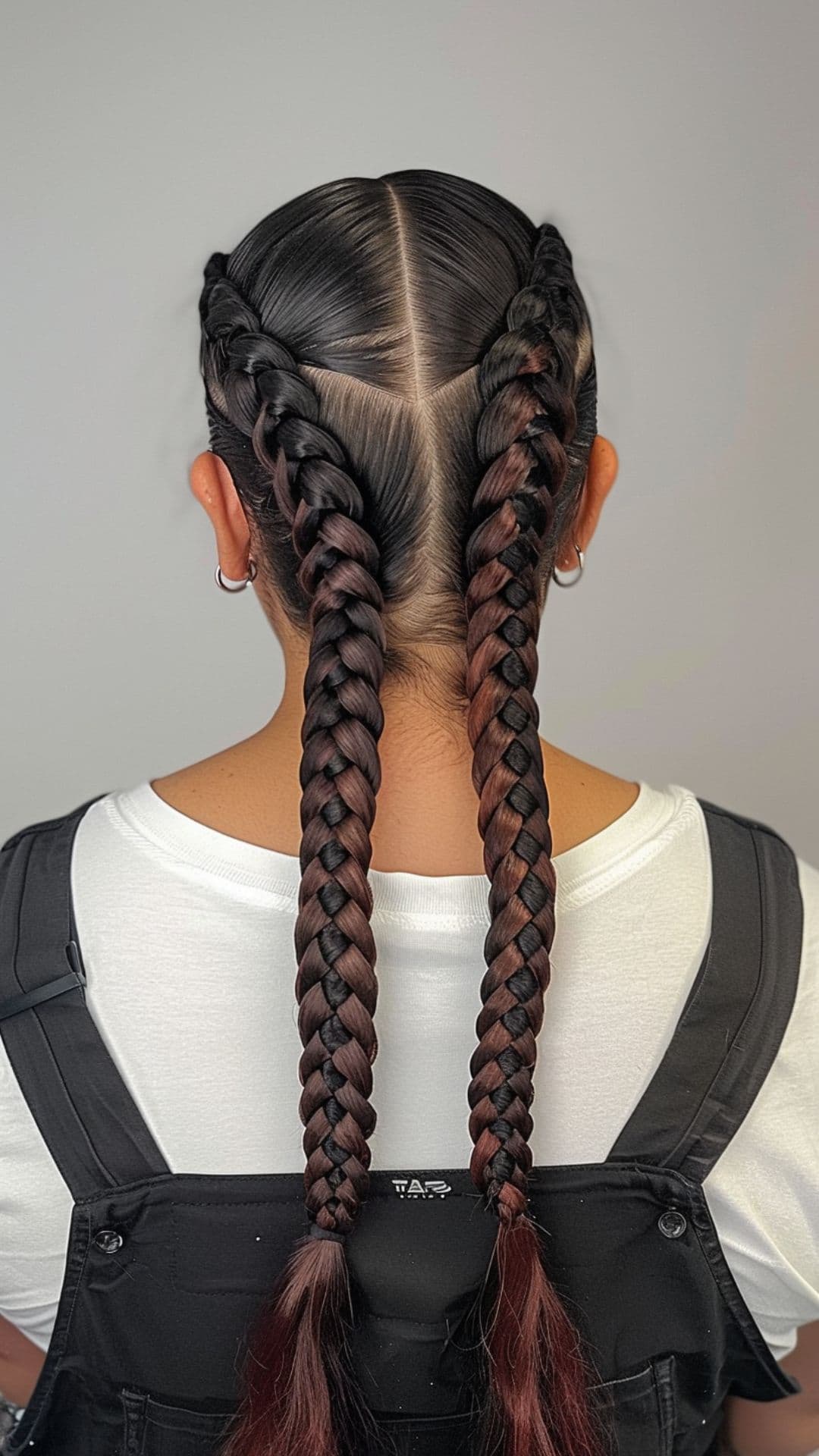 Una mujer modelando una trenza holandesa doble.