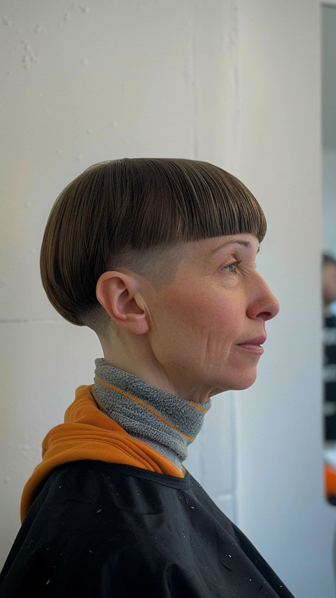 An old woman modelling an edgy bowl cut.