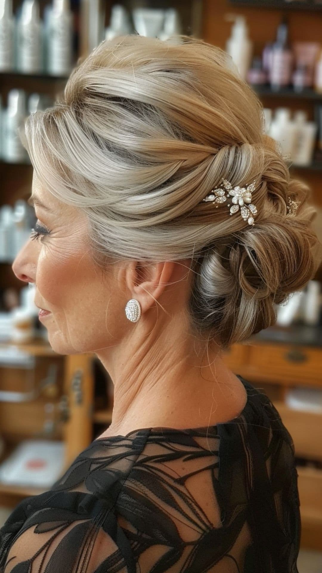 An old woman modelling a chignon hairstyle.