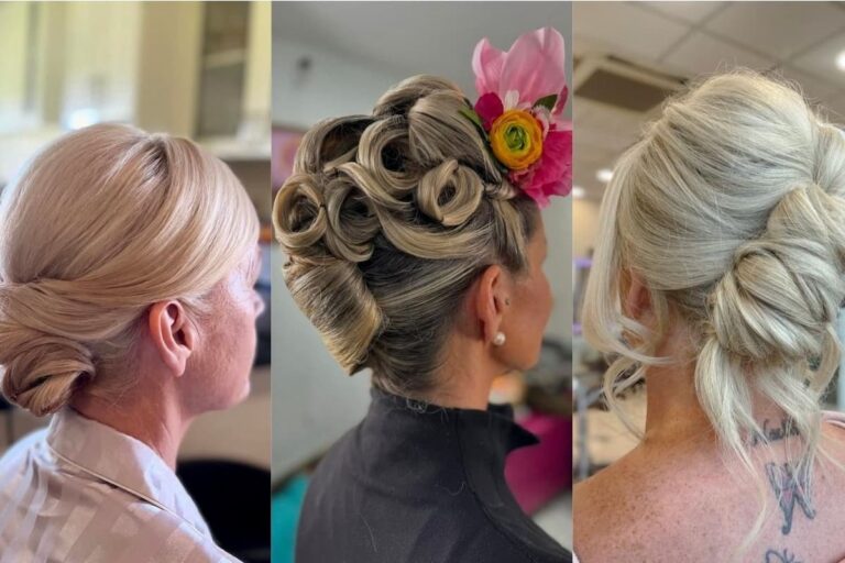Collage photo of three older women modelling elegant updos.