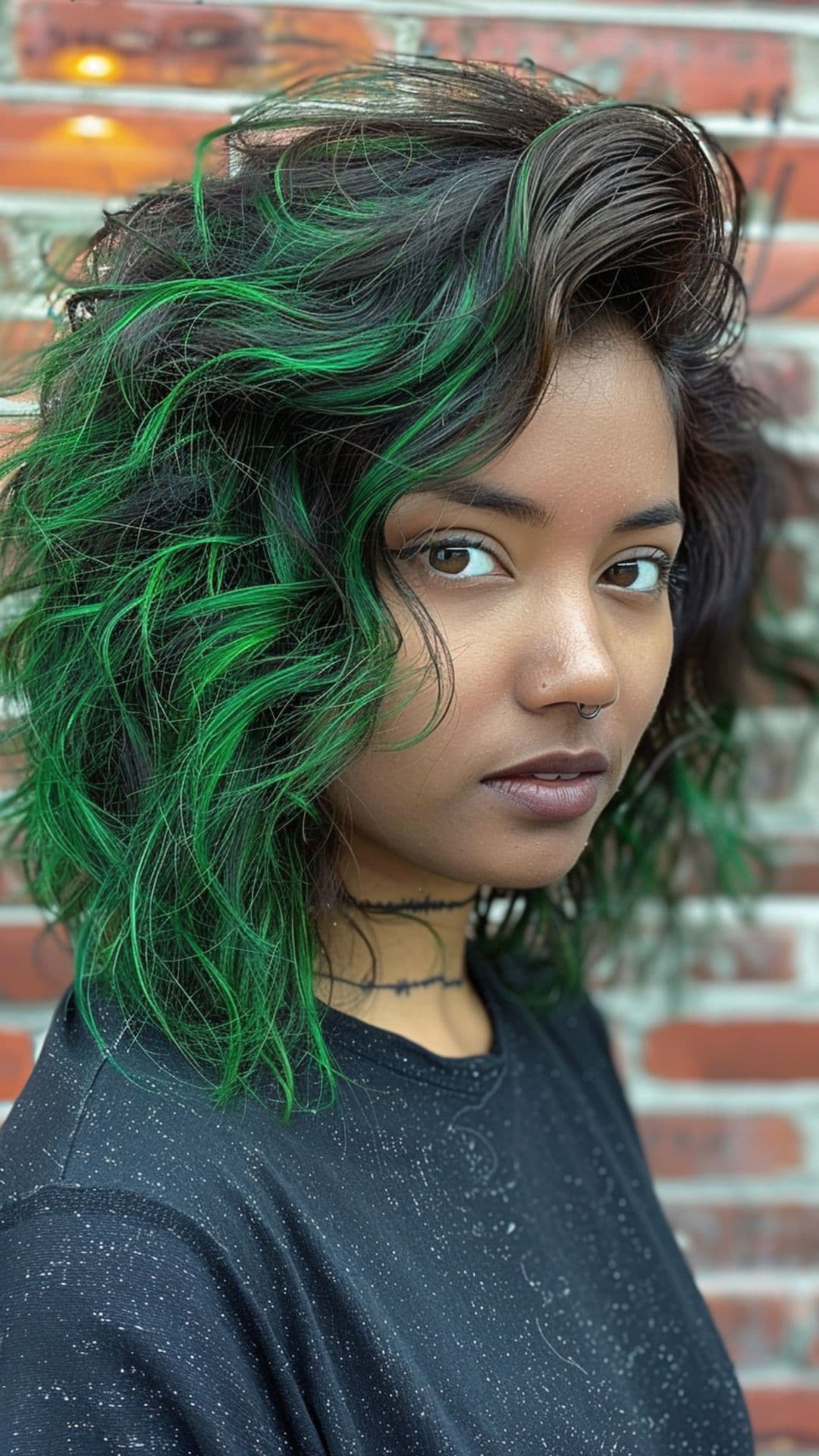 A woman modelling a black hair with green highlights.