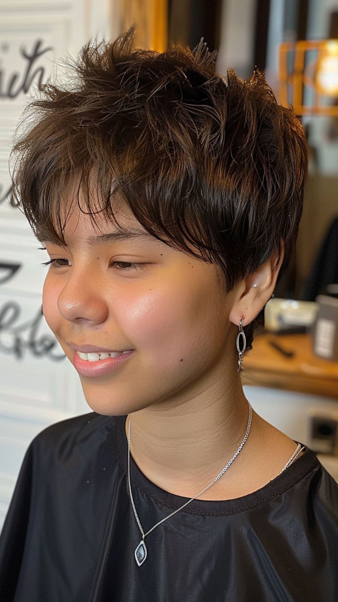 A woman modelling a feathered pixie cut.