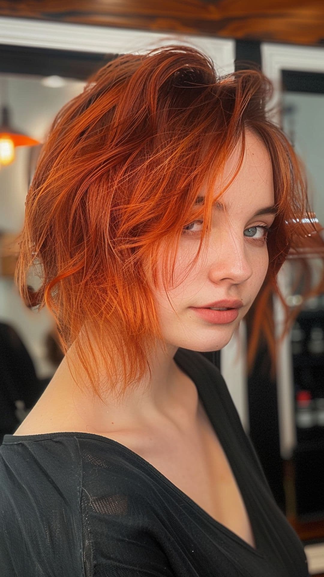 A woman modelling a short fiery red hair.