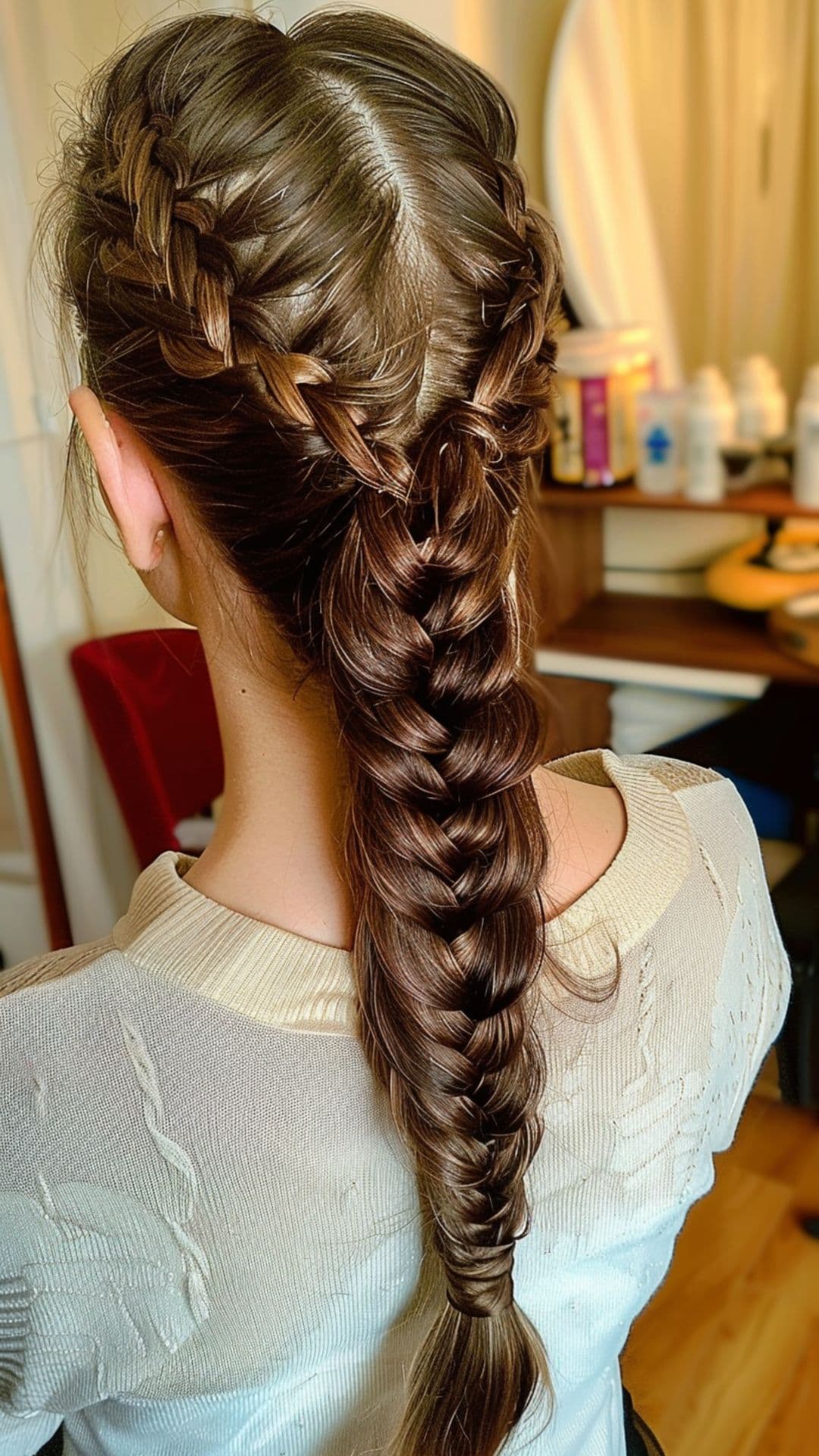 Una mujer modelando una trenza de cola de pescado.